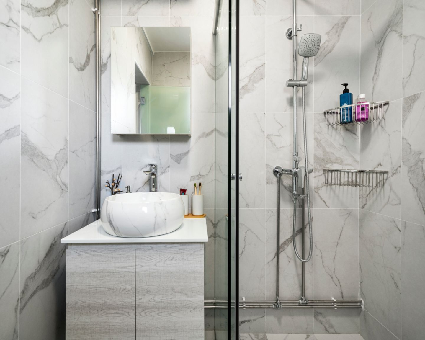 White And Grey Compact Bathroom Design - Livspace