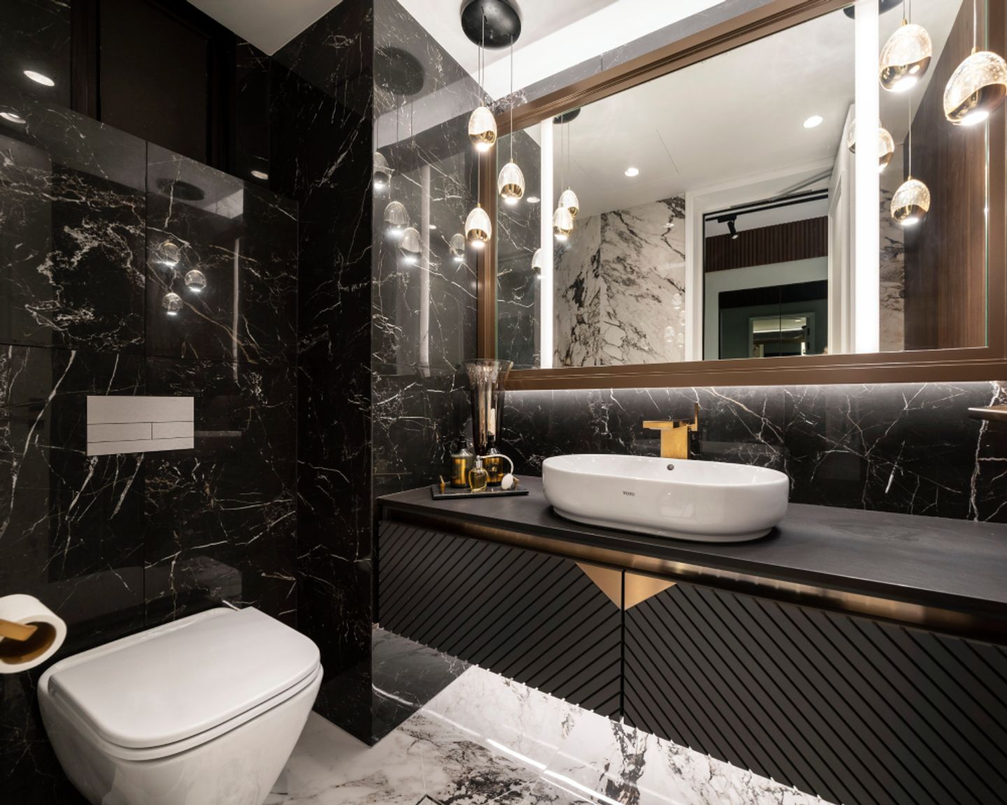 Dark-Coloured Bathroom Design With A Backlit Mirror | Livspace