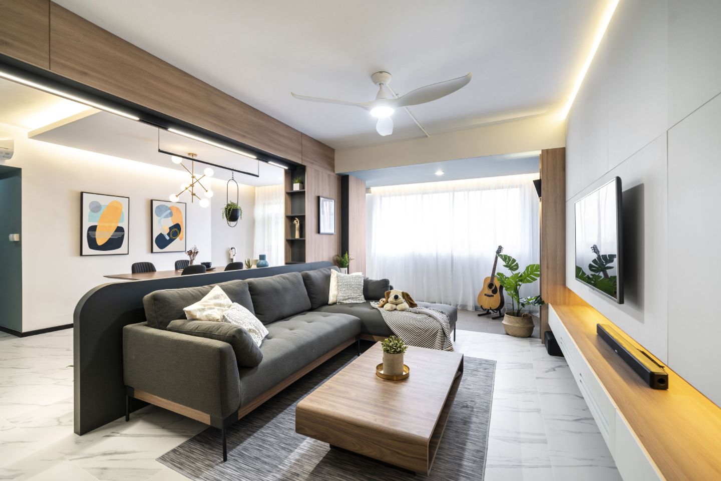 Living room with comfortable flush fabric sofa - Livspace