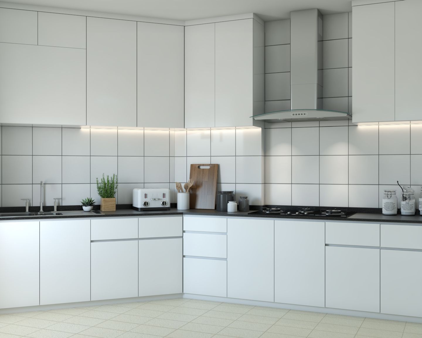 All-White L Shape Kitchen Design With Ceramic Dado Tiles - Livspace