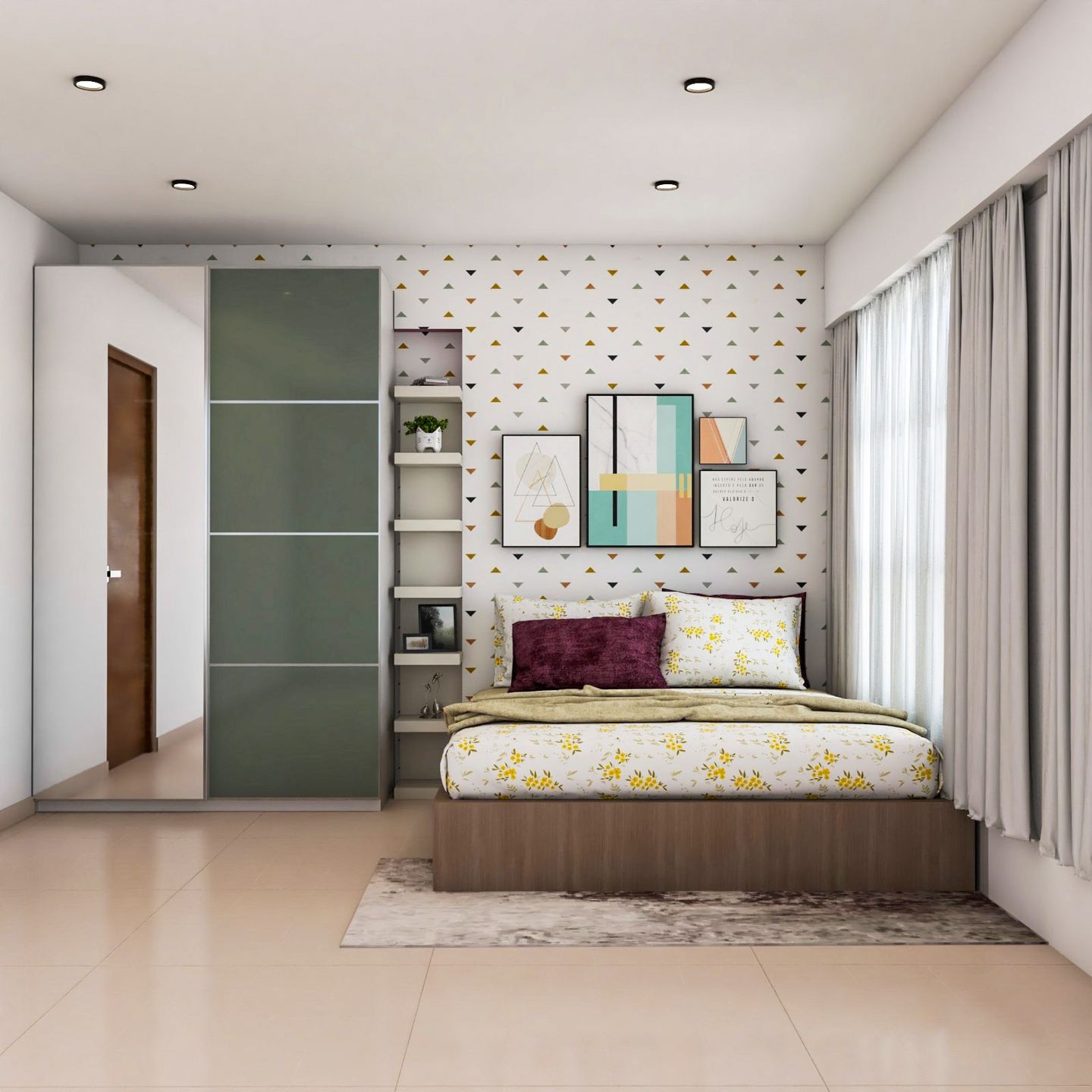 spacious-master-bedroom-design-with-geometric-wallpaper-livspace