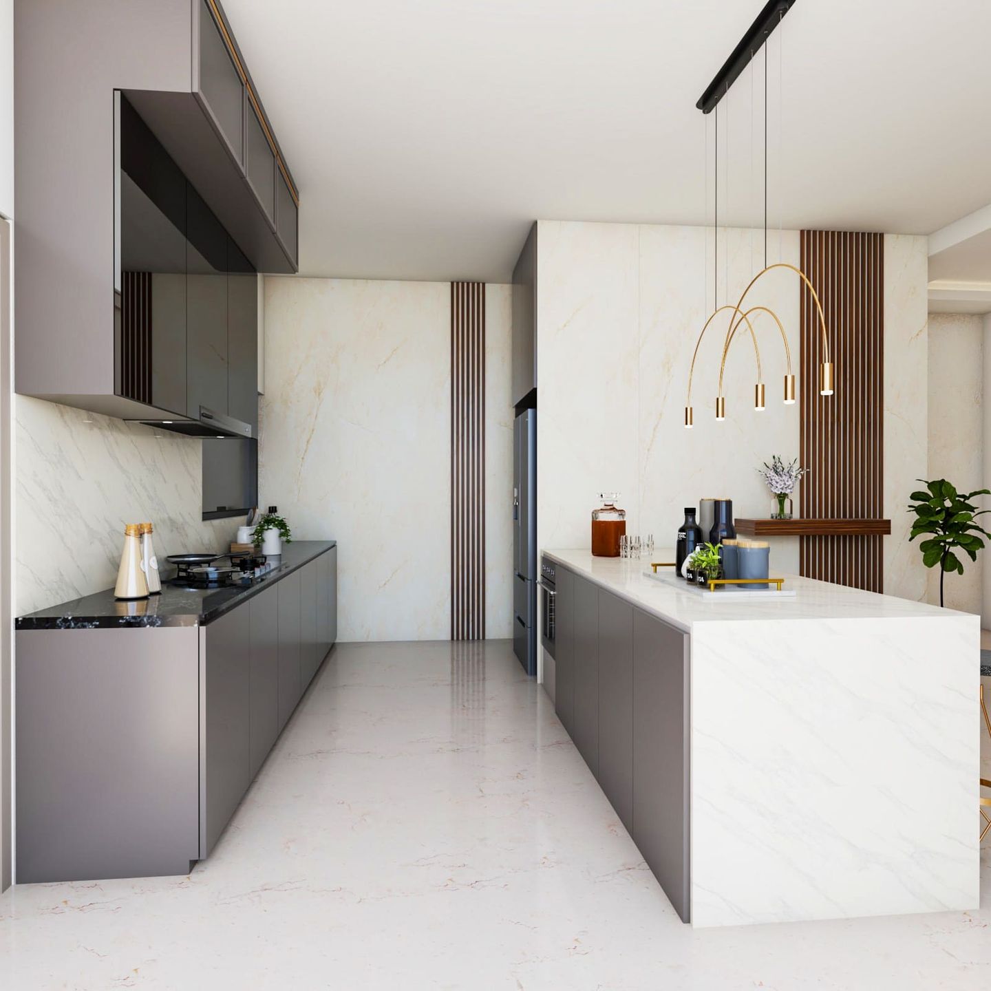 White Kitchen Design With Slate-Coloured Cabinets - Livspace
