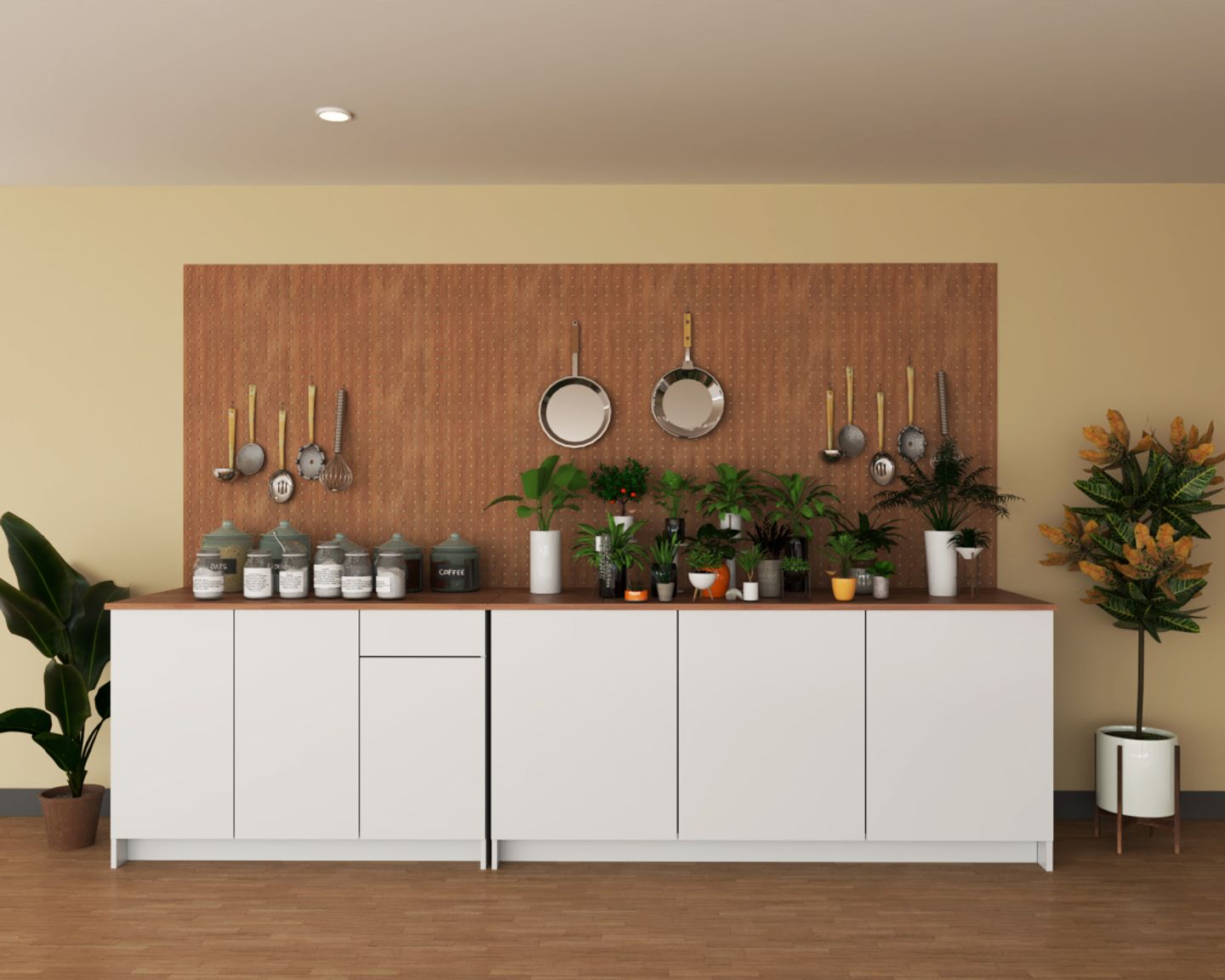 White Kitchen Design With A Wooden Backsplash - Livspace
