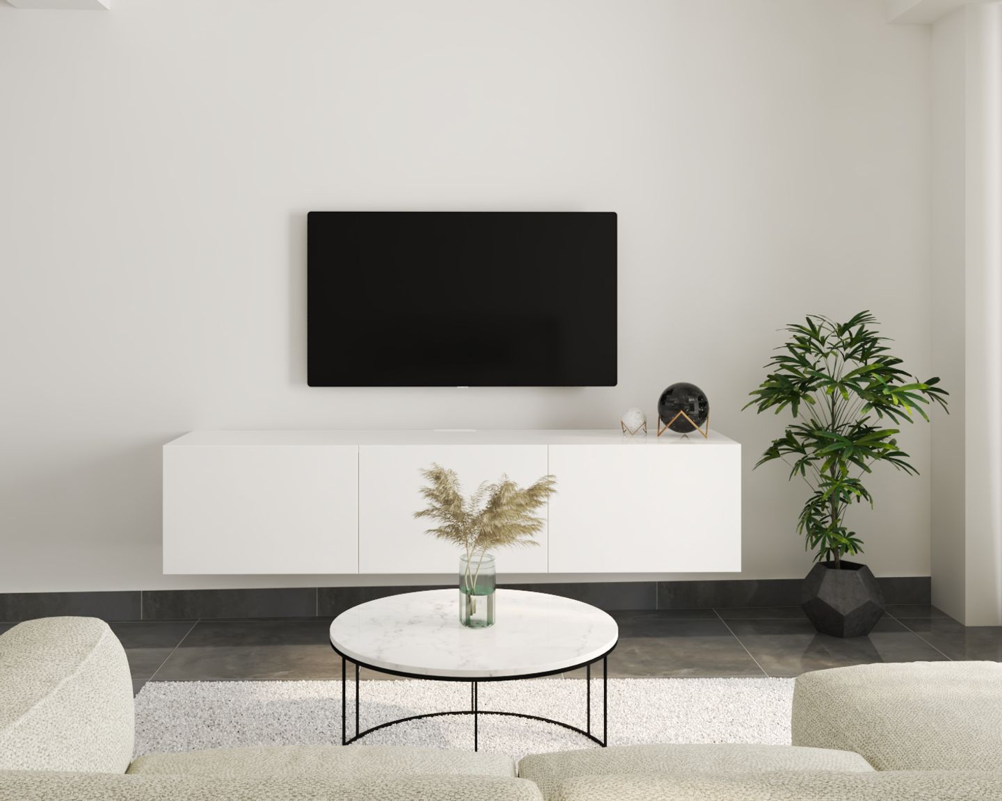 Minimal White TV Cabinet Design - Livspace