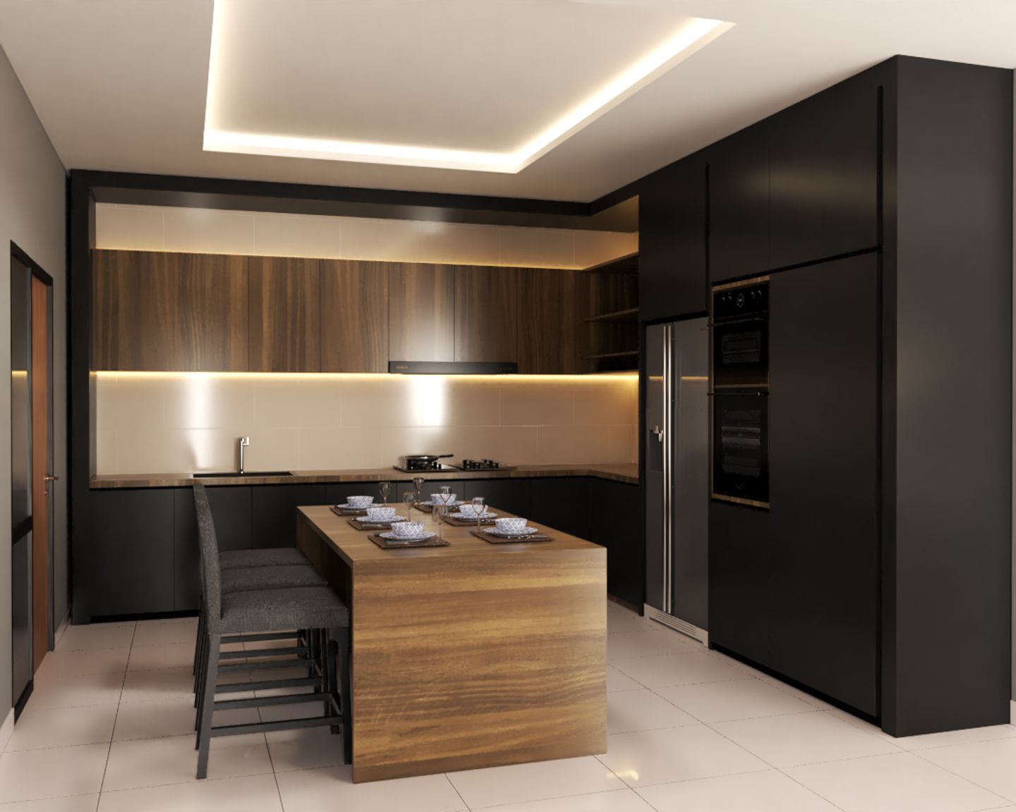 Brown And Black Open Kitchen Design - Livspace