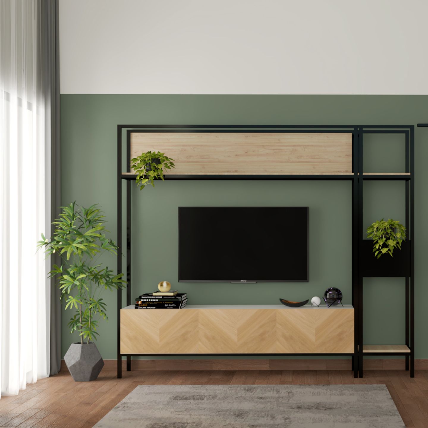 Living Room With Wooden TV Unit - Livspace