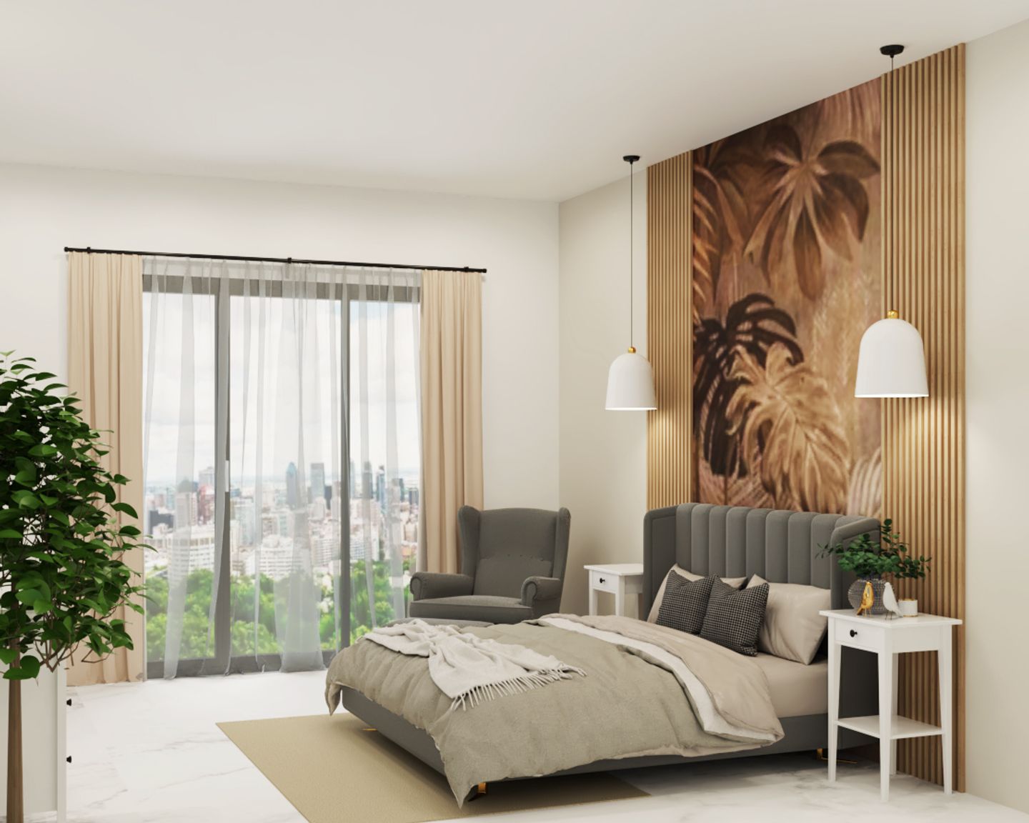 Master Bedroom With Botanical Wallpaper - Livspace