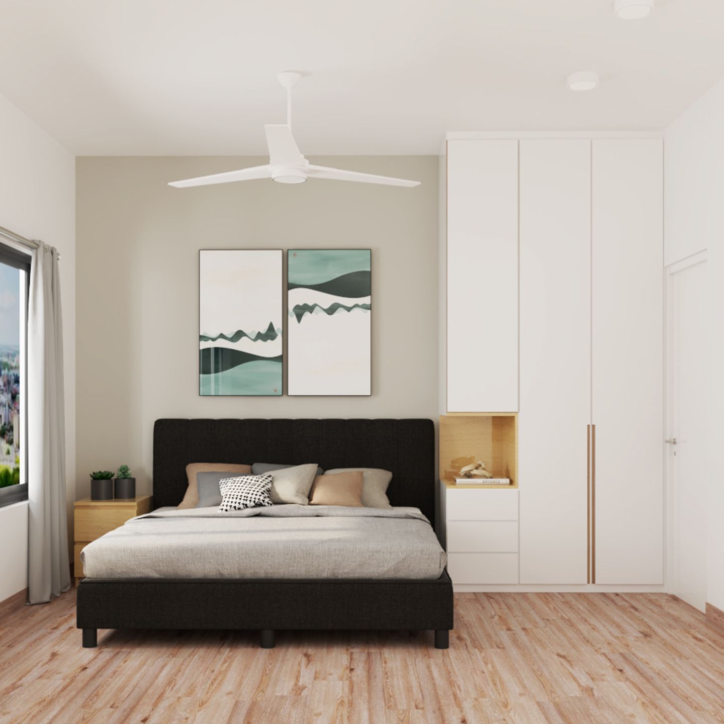 Contemporary Master Bedroom Design With White Swing Wardrobe - Livspace