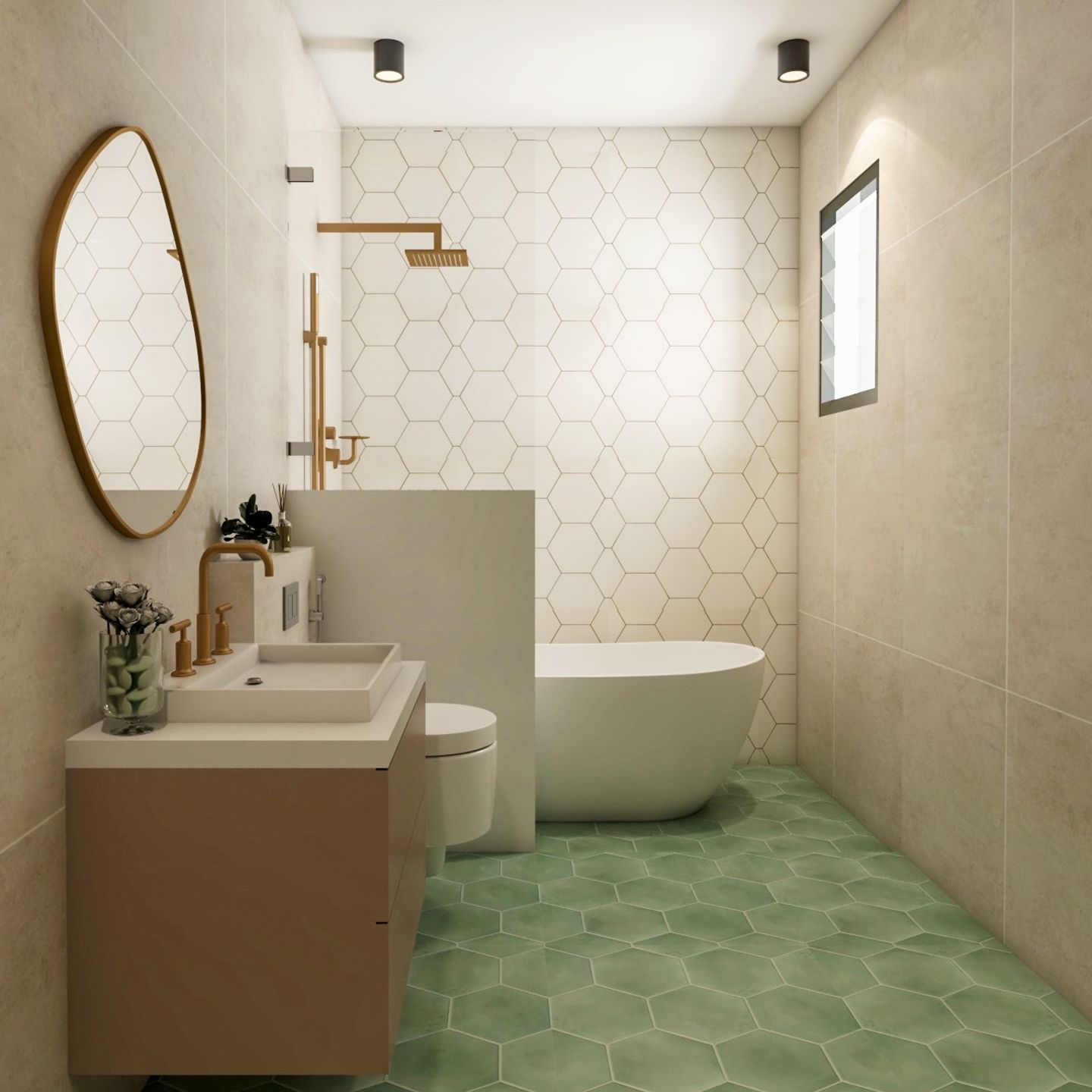 Green And White Small Bathroom Design With Hexagonal Tiles And Bathtub - Livspace