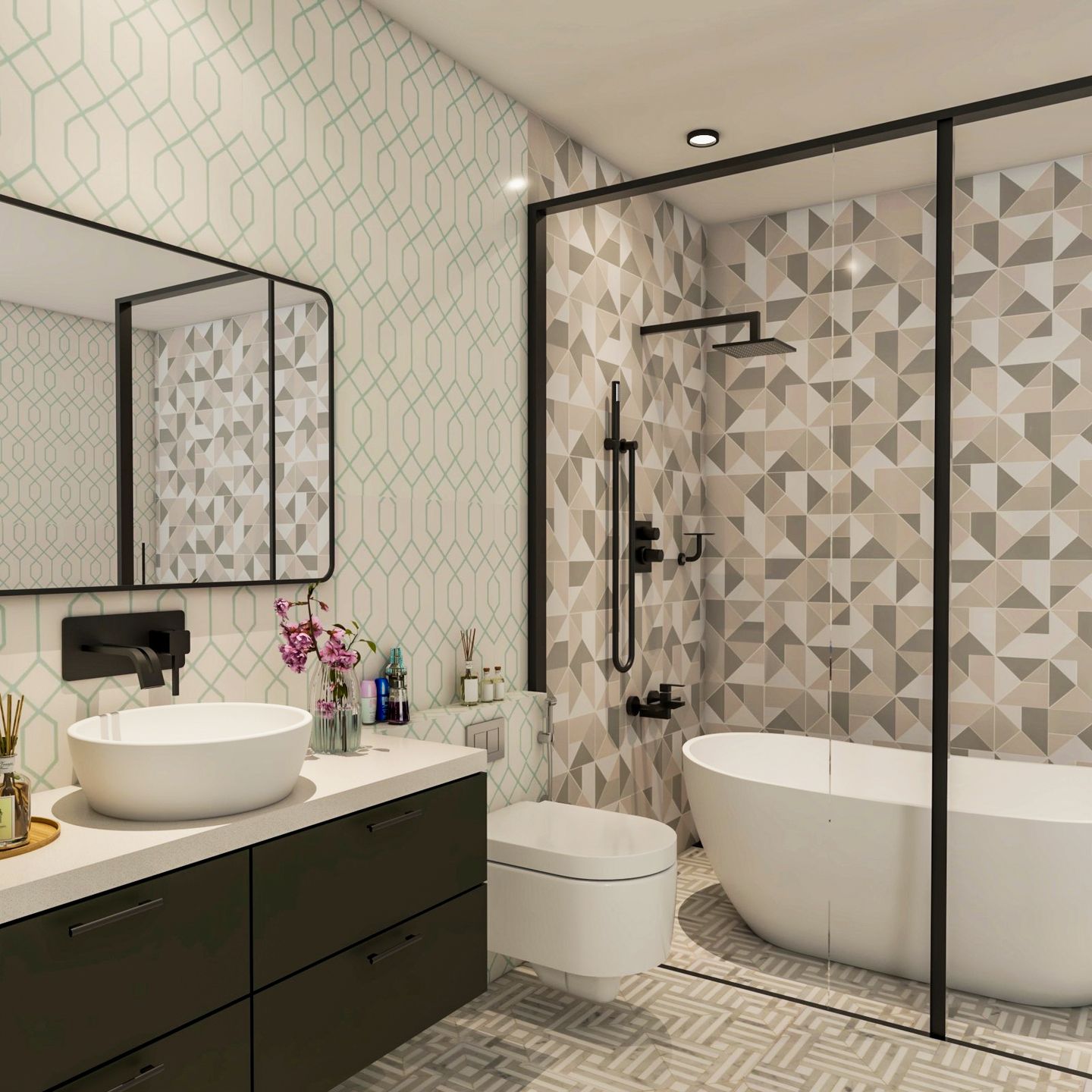Small Bathroom Design With Multicoloured Tile Designs - Livspace