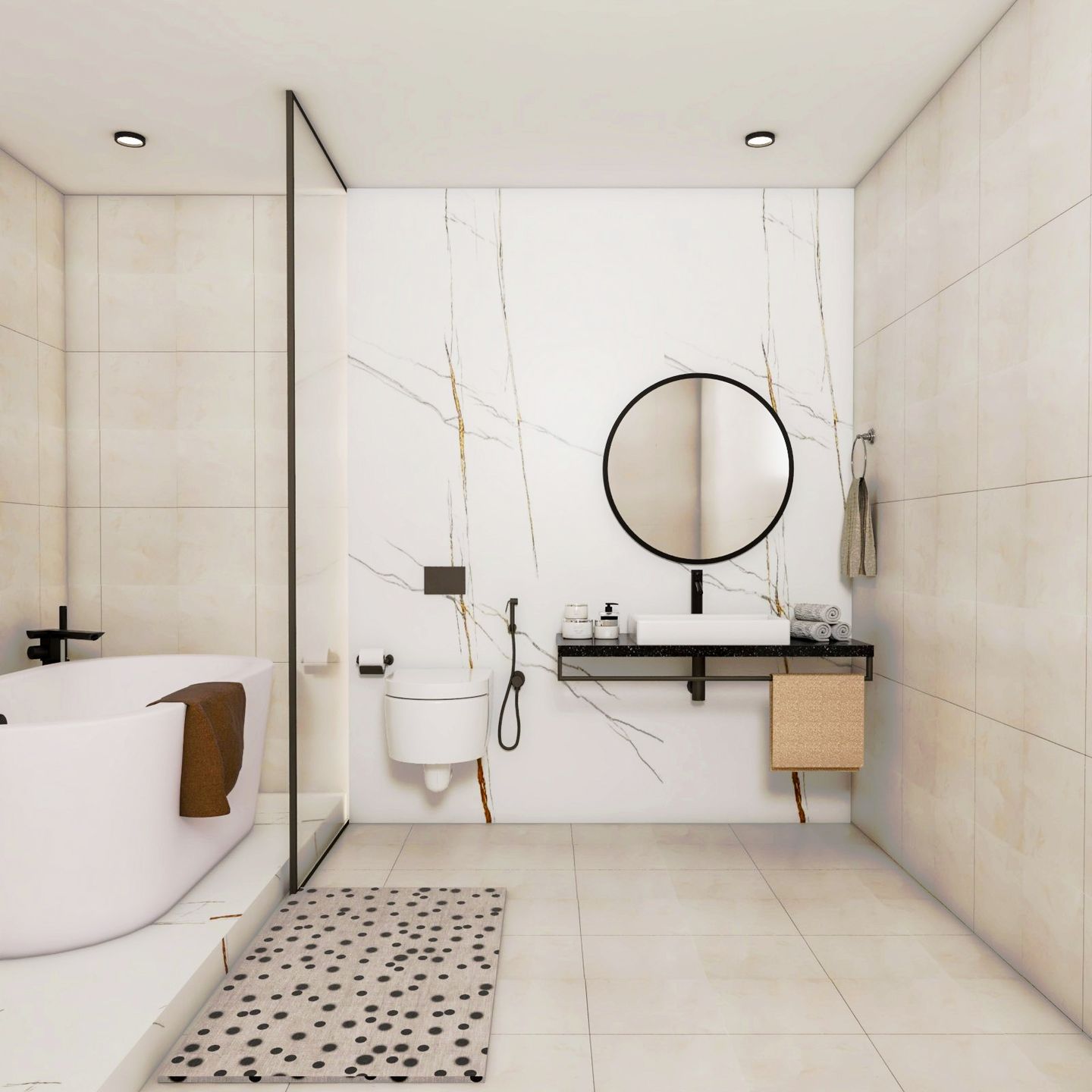 White And Cream Bathroom Design With Round Mirror - Livspace