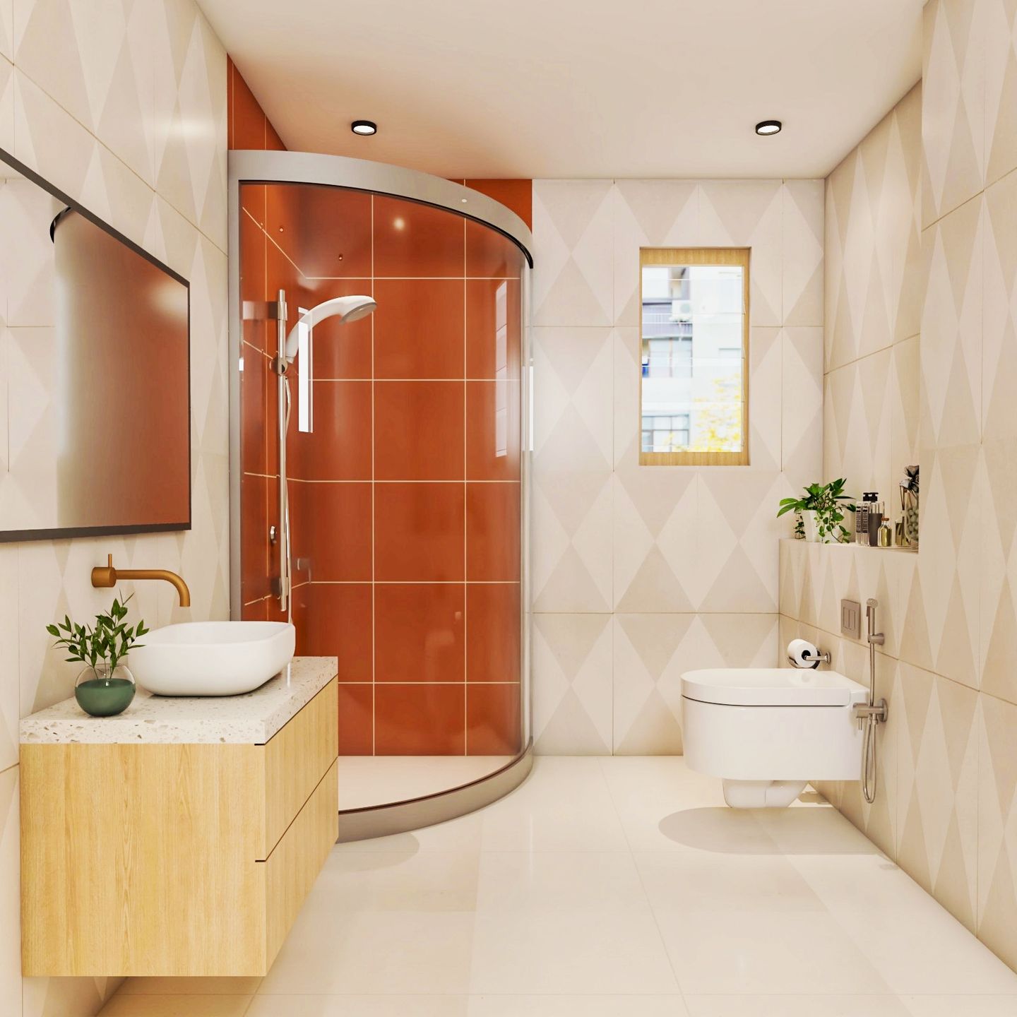 Cream And White Bathroom Design With Marble Countertop - Livspace