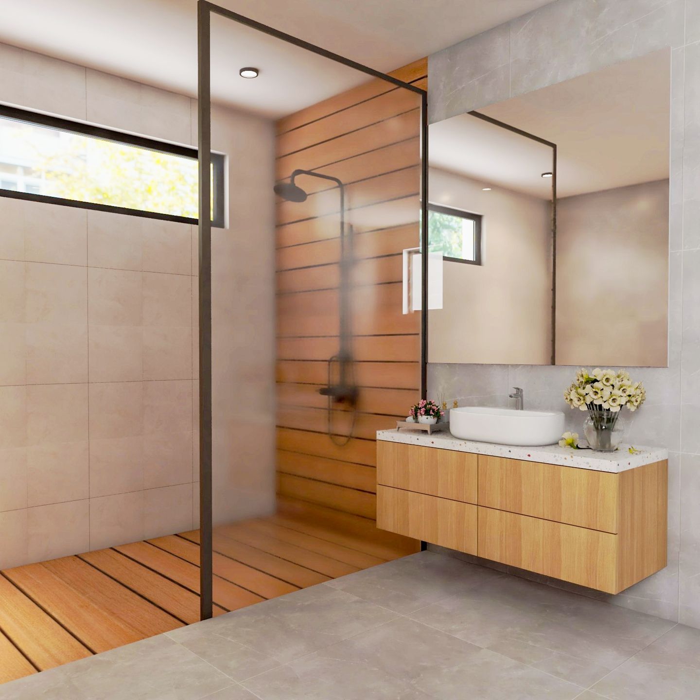 Light Grey And Brown Bathroom Design With Black Framed Partition - Livspace