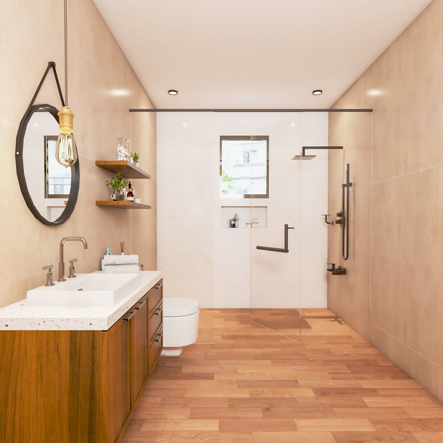Beige And Brown Bathroom Design With Marble Countertop Livspace