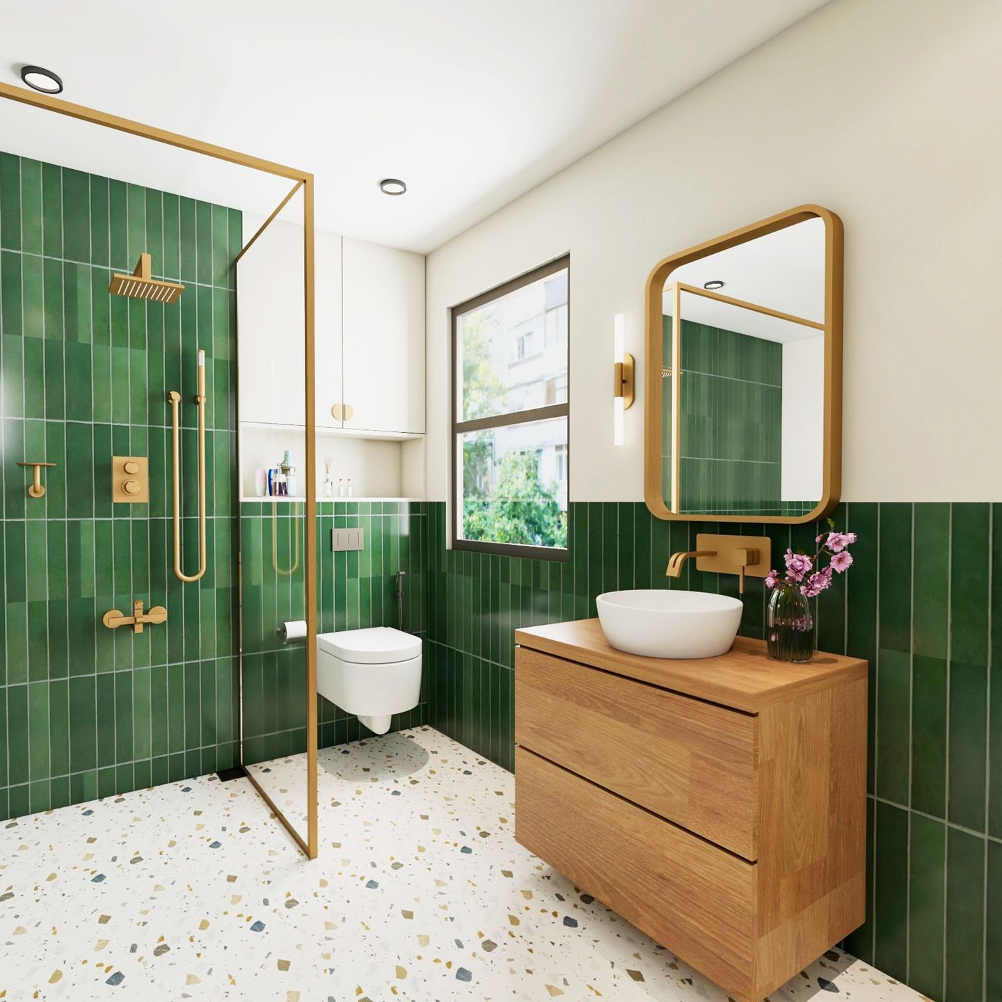 Green And White Bathroom Design With Square Mirror - Livspace