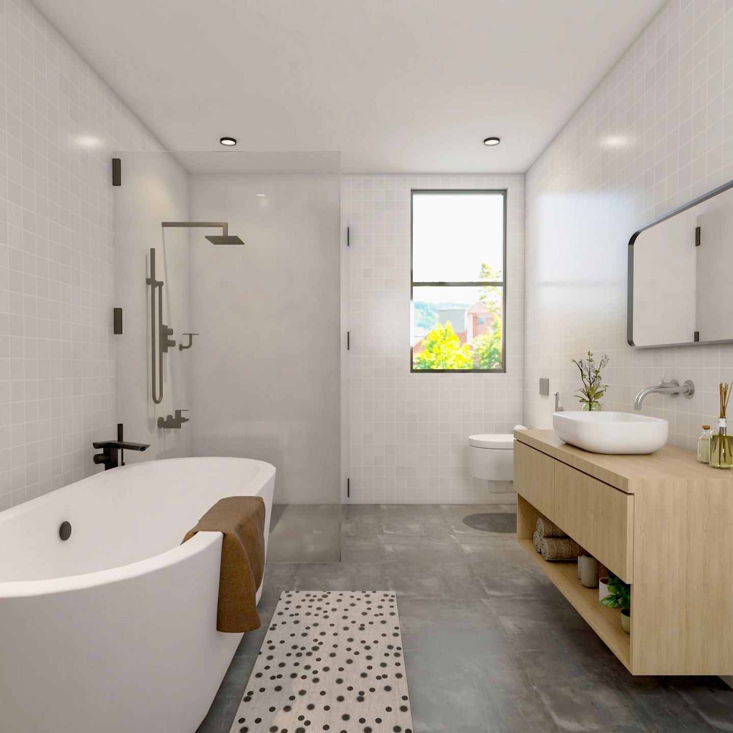 Grey Bathroom Design With Rectangular Mirror - Livspace