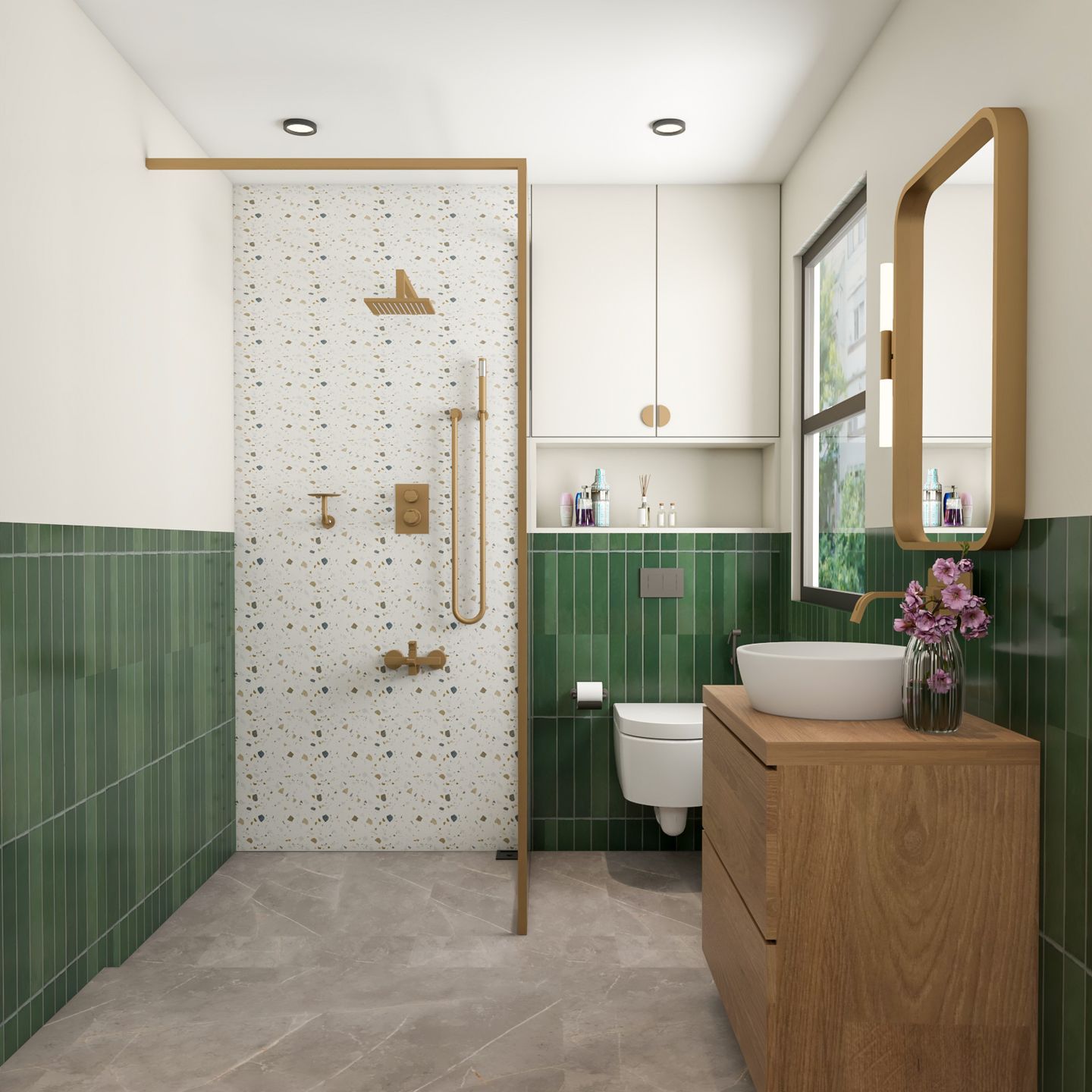 Bathroom Design With Wooden Vanity Unit - Livspace