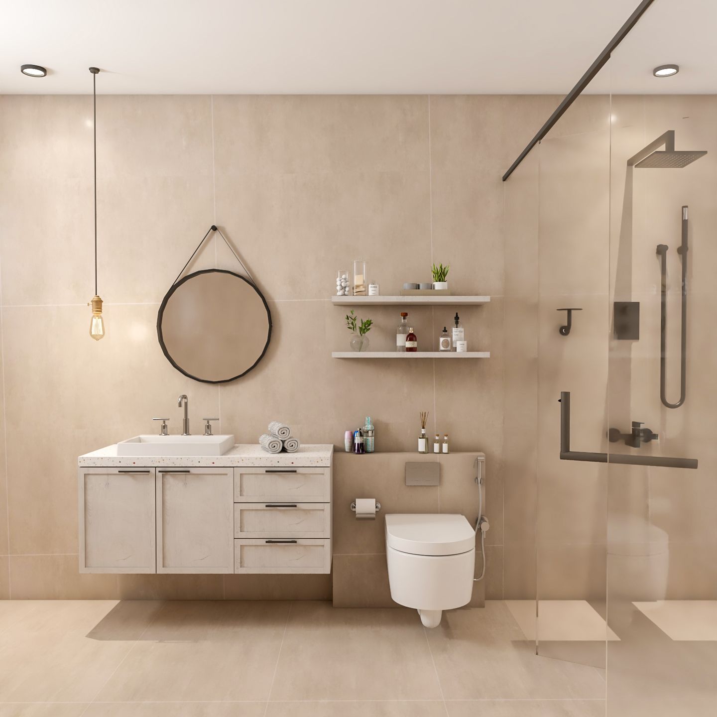 Light Brown Bathroom Design With White Vanity Unit - Livspace