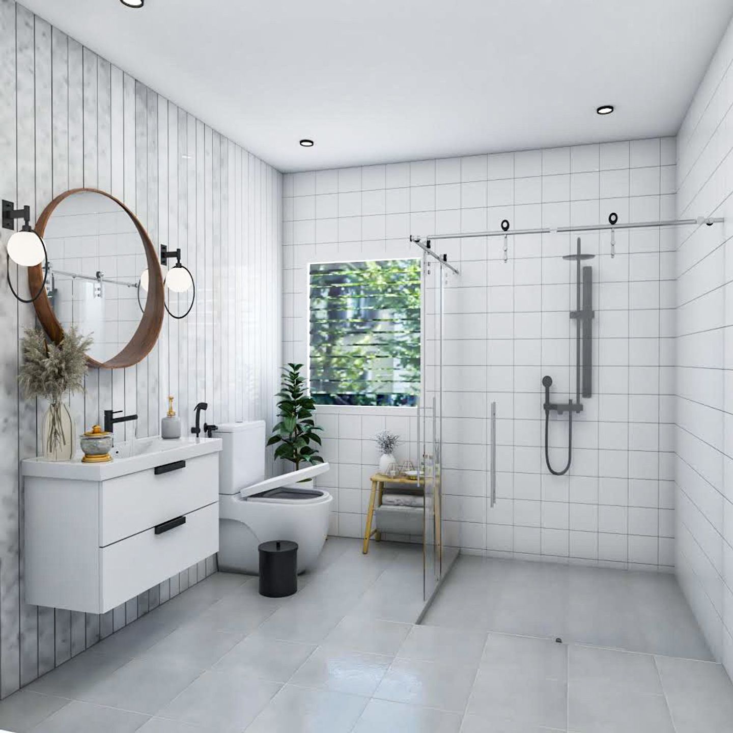 All-White Small Bathroom Design With Rectangular And Square Wall Tiles - Livspace