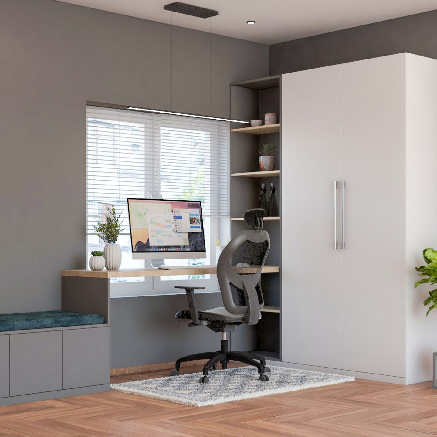 Wood And White Home Office Design With Grey Wall | Livspace