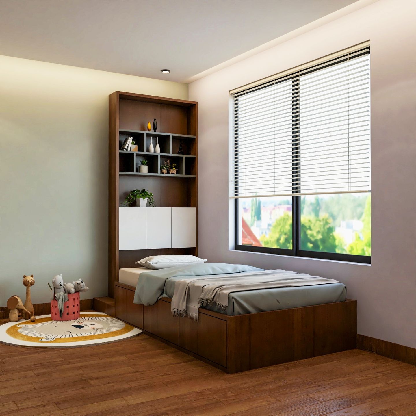Kids Bedroom Design With Wooden Storage Unit - Livspace