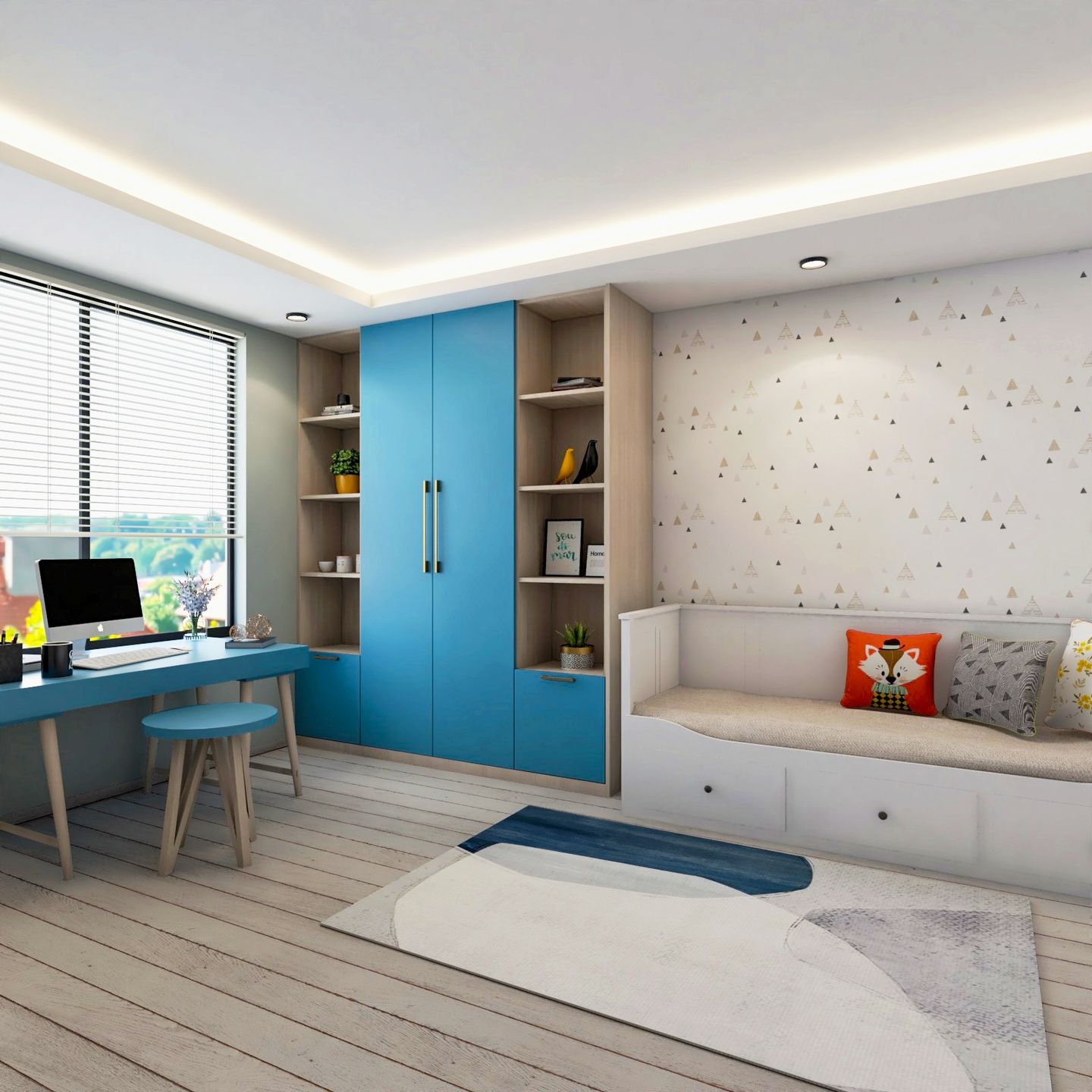 Kids Room Design With Blue And Wood Swing Wardrobe - Livspace
