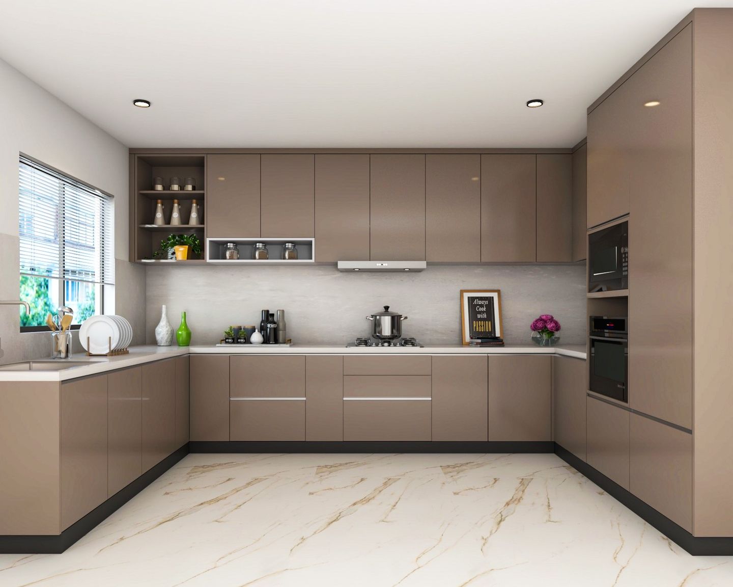Cappuccino-Toned U-Shaped Kitchen Design - Livspace