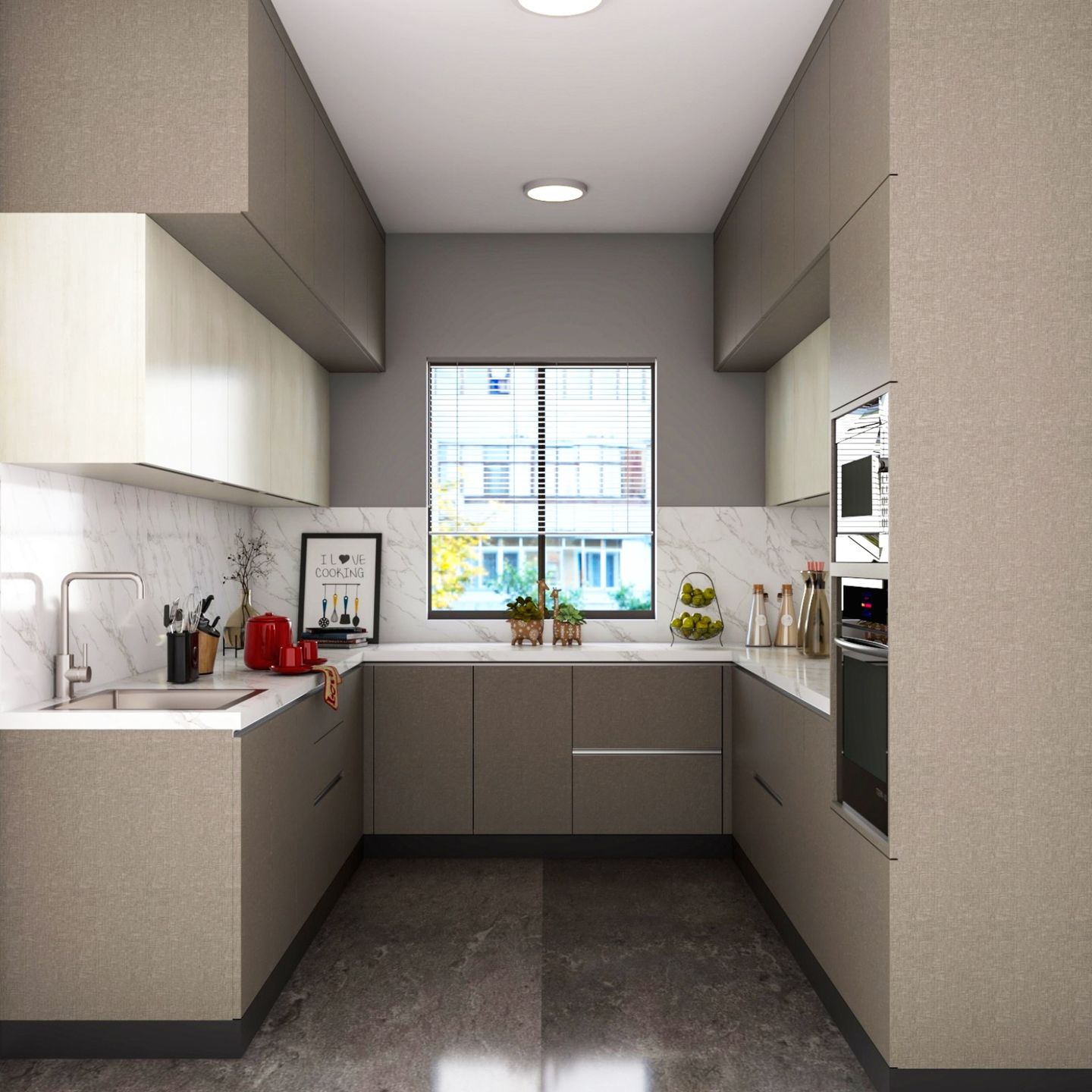 Parallel Kitchen Design With Beige Cabinets - Livspace