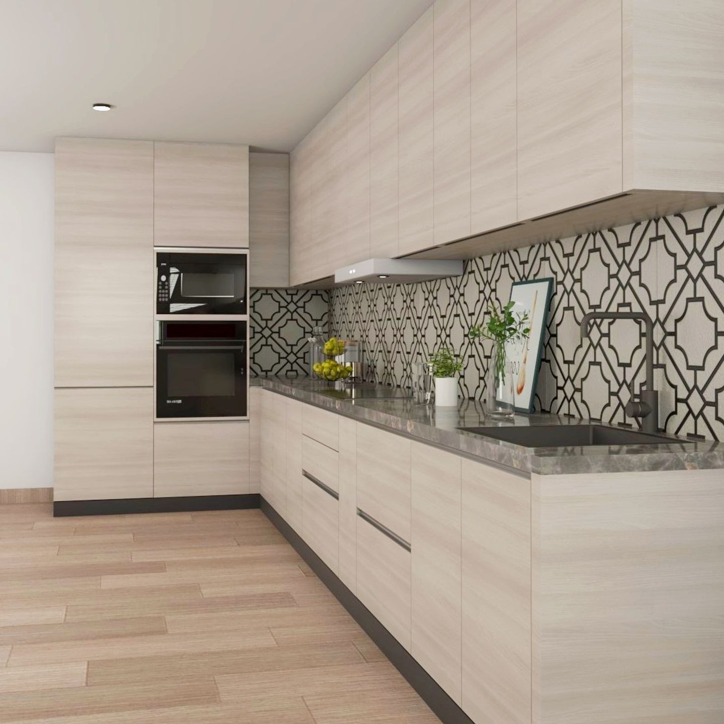 L-Shaped Light Wood Kitchen Design With Black And White Backsplash - Livspace
