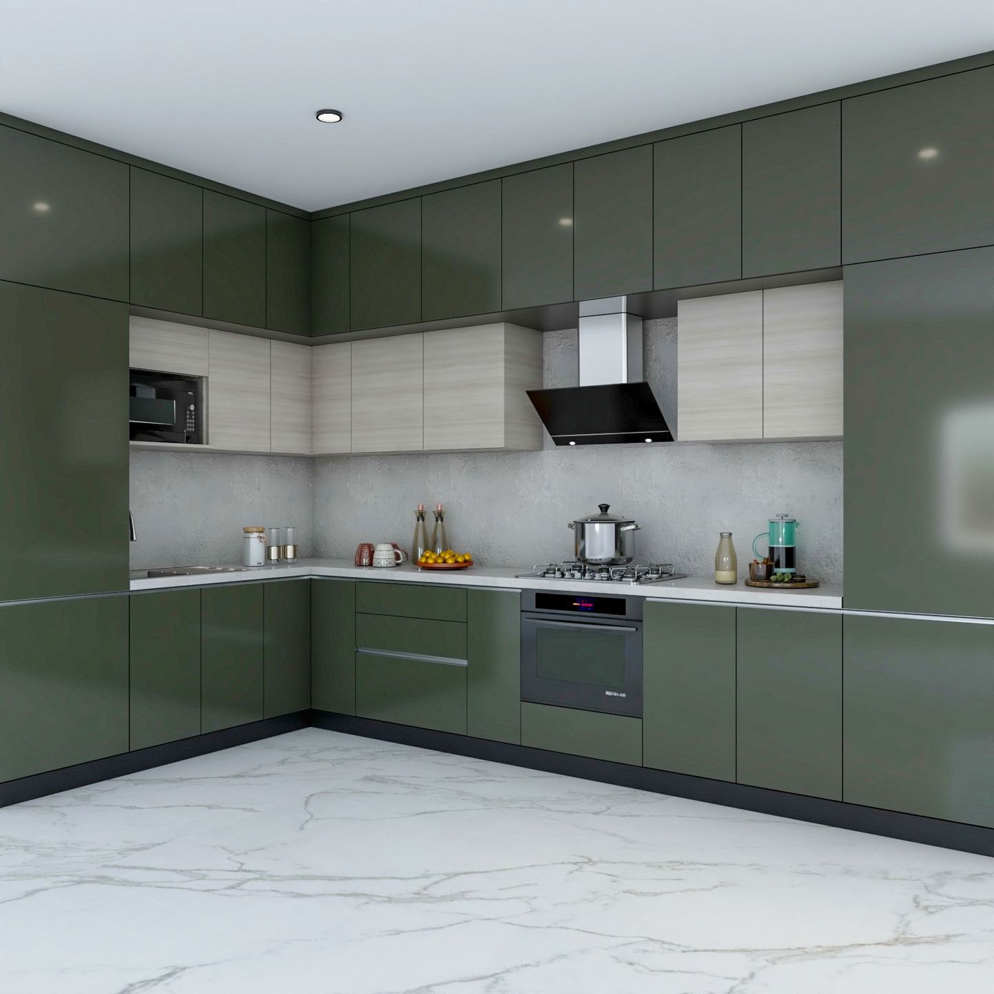L-Shaped Olive Green And Wood Kitchen Cabinet Design - Livspace