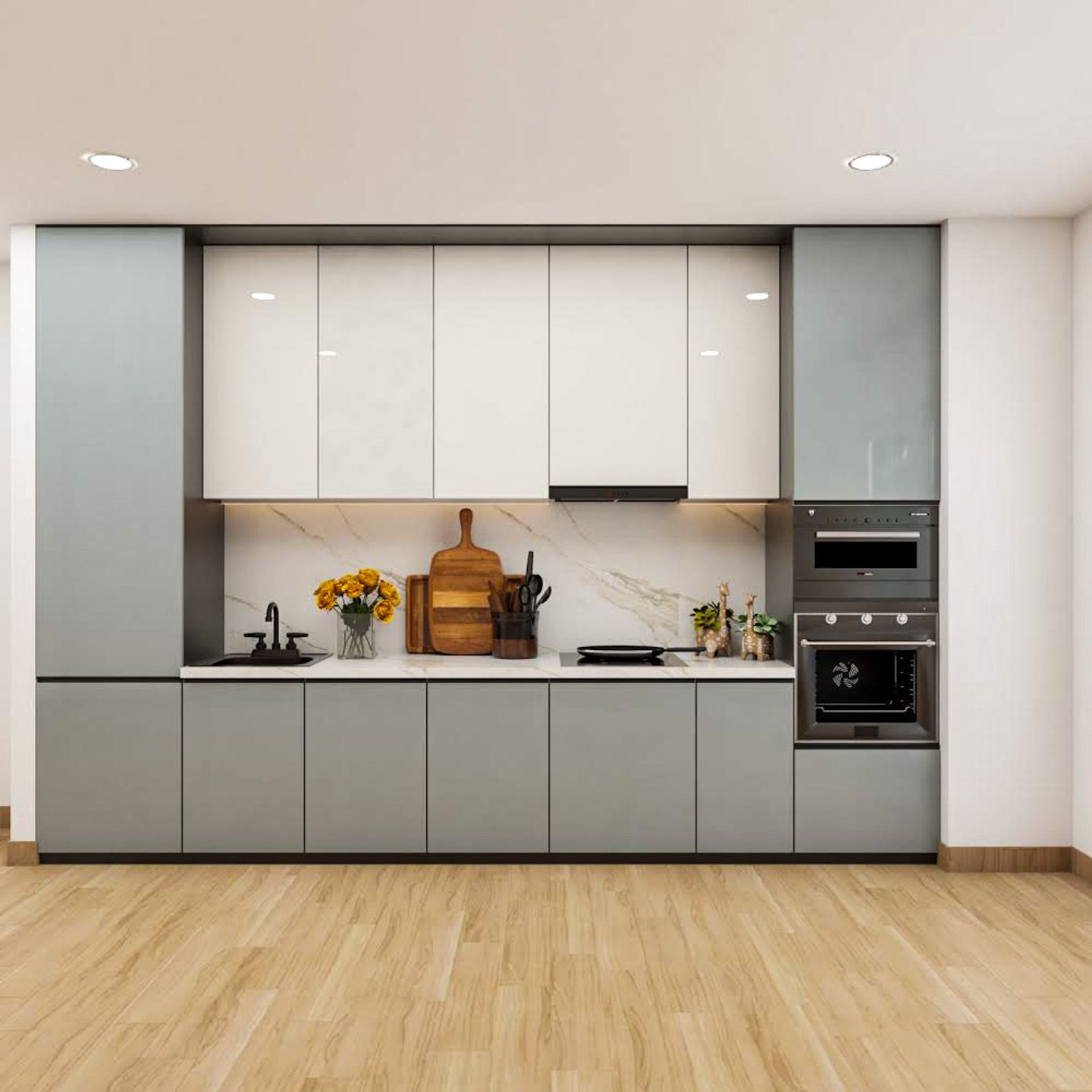 Classic Modular Straight Grey And White Kitchen Design | Livspace