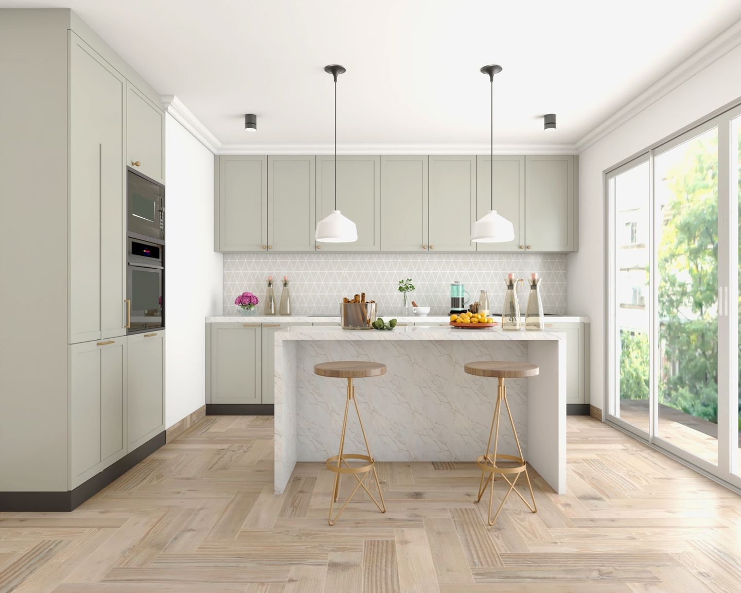 Grey Kitchen Island Design With PU Spray Painted Shutters Livspace