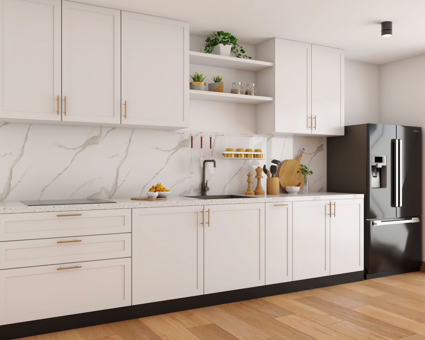 White Straight Kitchen Design With Quartz Countertop - Livspace