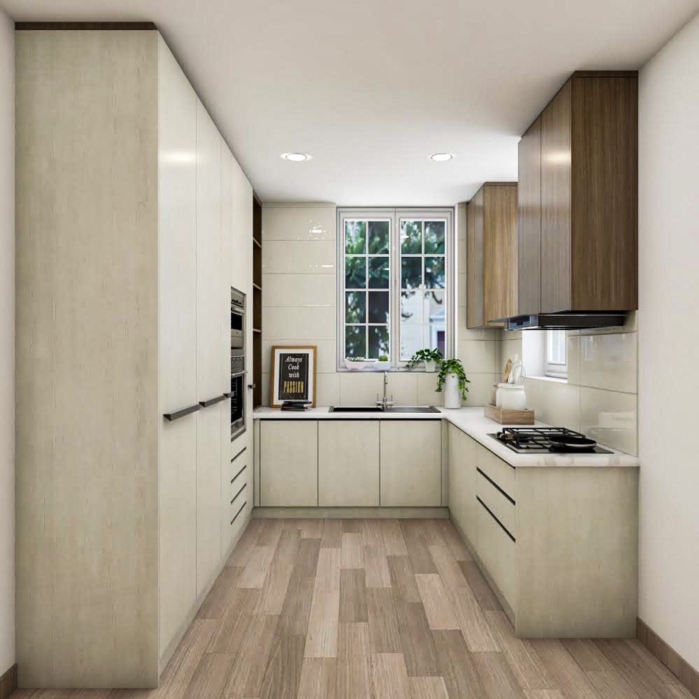 Beige And Wood Kitchen Design With Wooden Flooring - Livspace