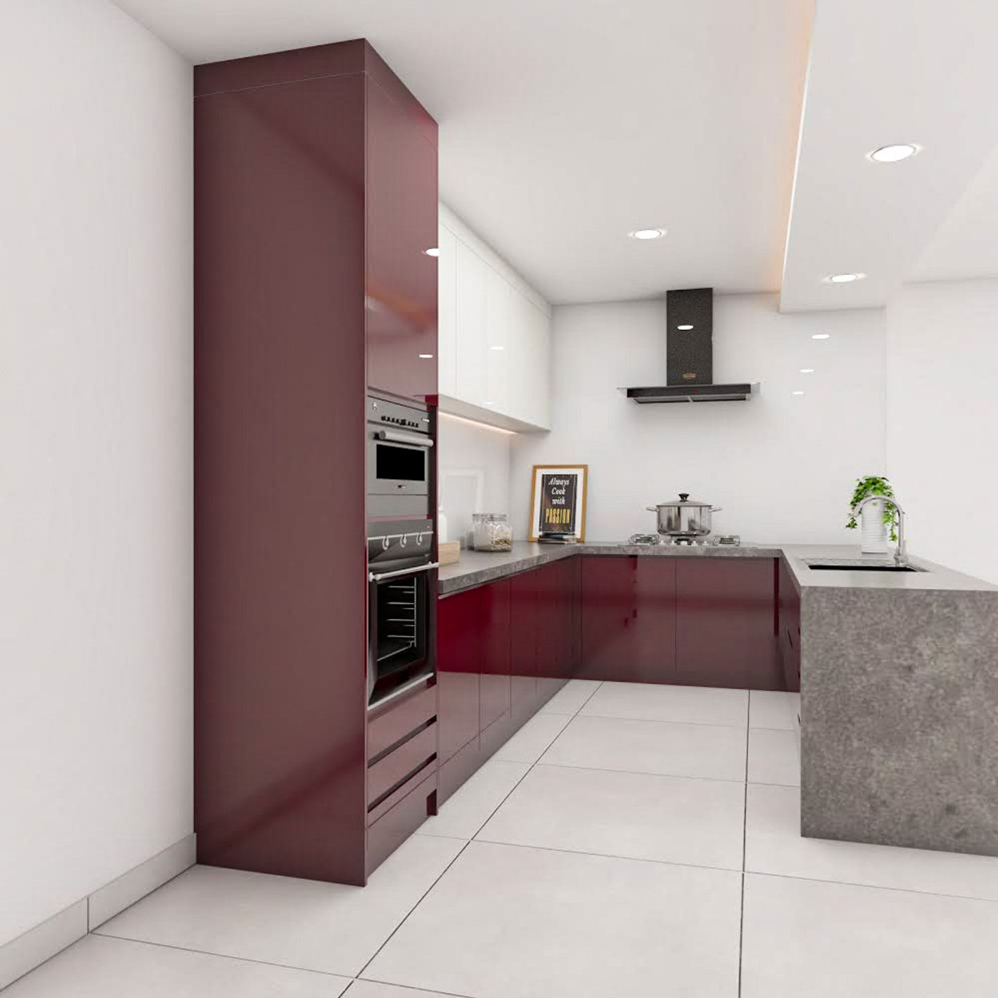 U-Shaped Kitchen Design In Maroon And White - Livspace