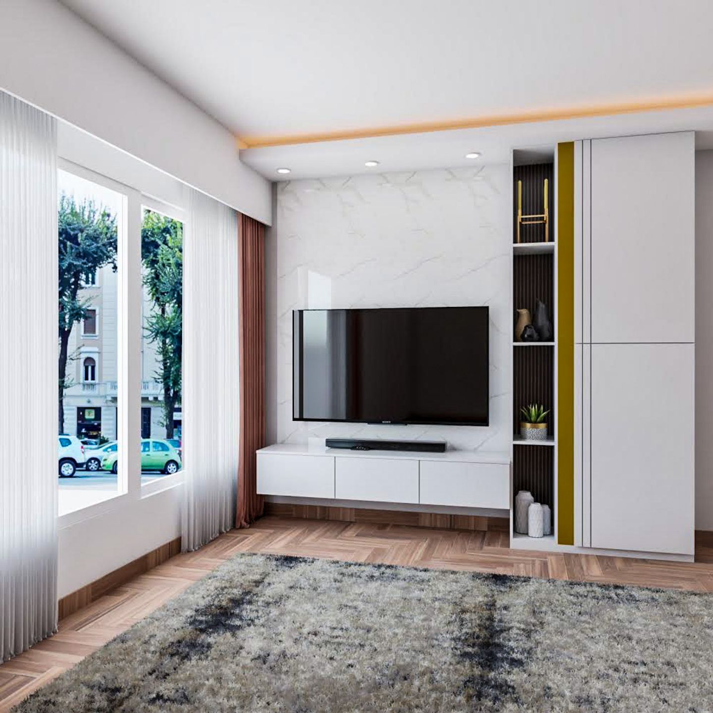 White And Marble TV Unit Design With Floor-To-Ceiling Storage Unit - Livspace