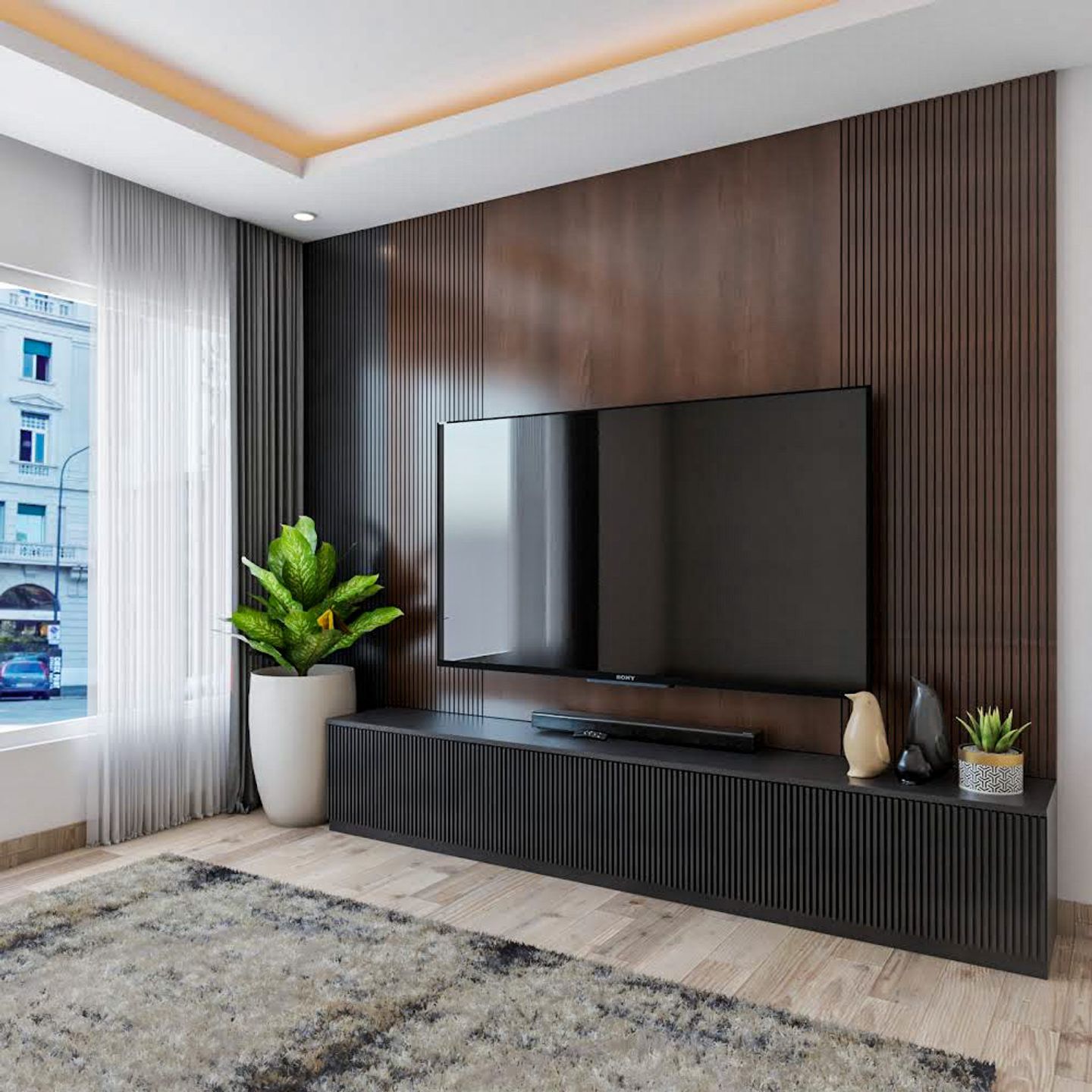 Modern Walnut Brown TV Unit Design With Grooves - Livspace