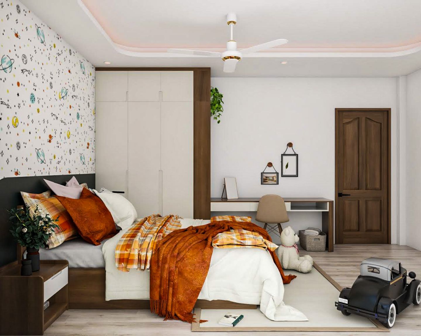 Contemporary White 3-Door Swing Wardrobe Design With Wooden Accents - Livspace