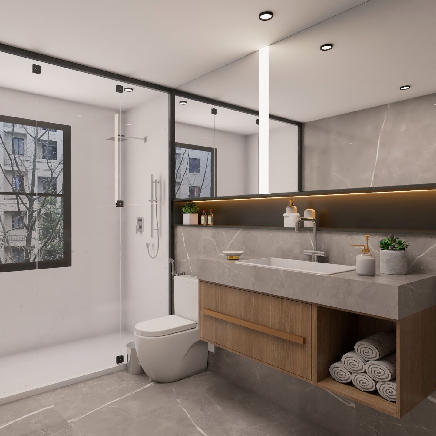 Grey And Cream Contemporary Bathroom Design With Rectangular Vanity