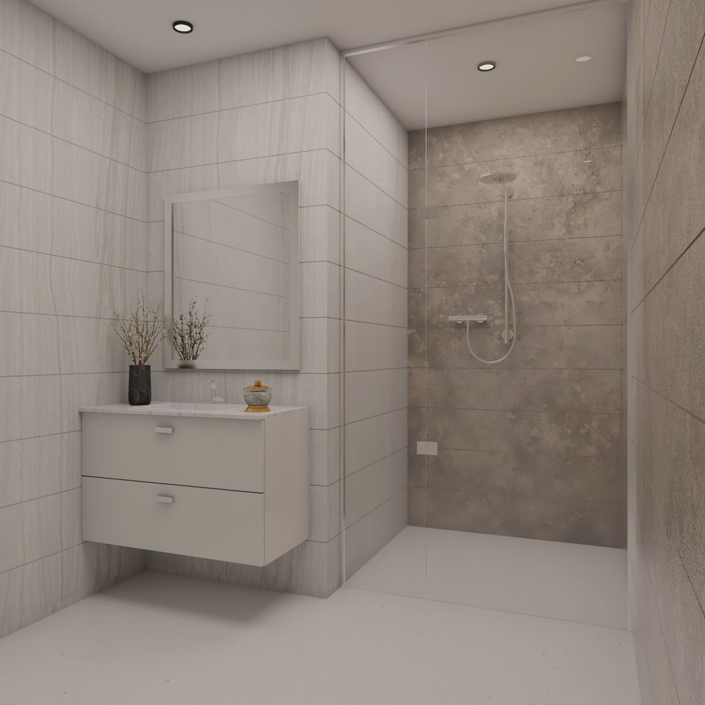 White And Brown Contemporary Bathroom Design With Glass Partition And