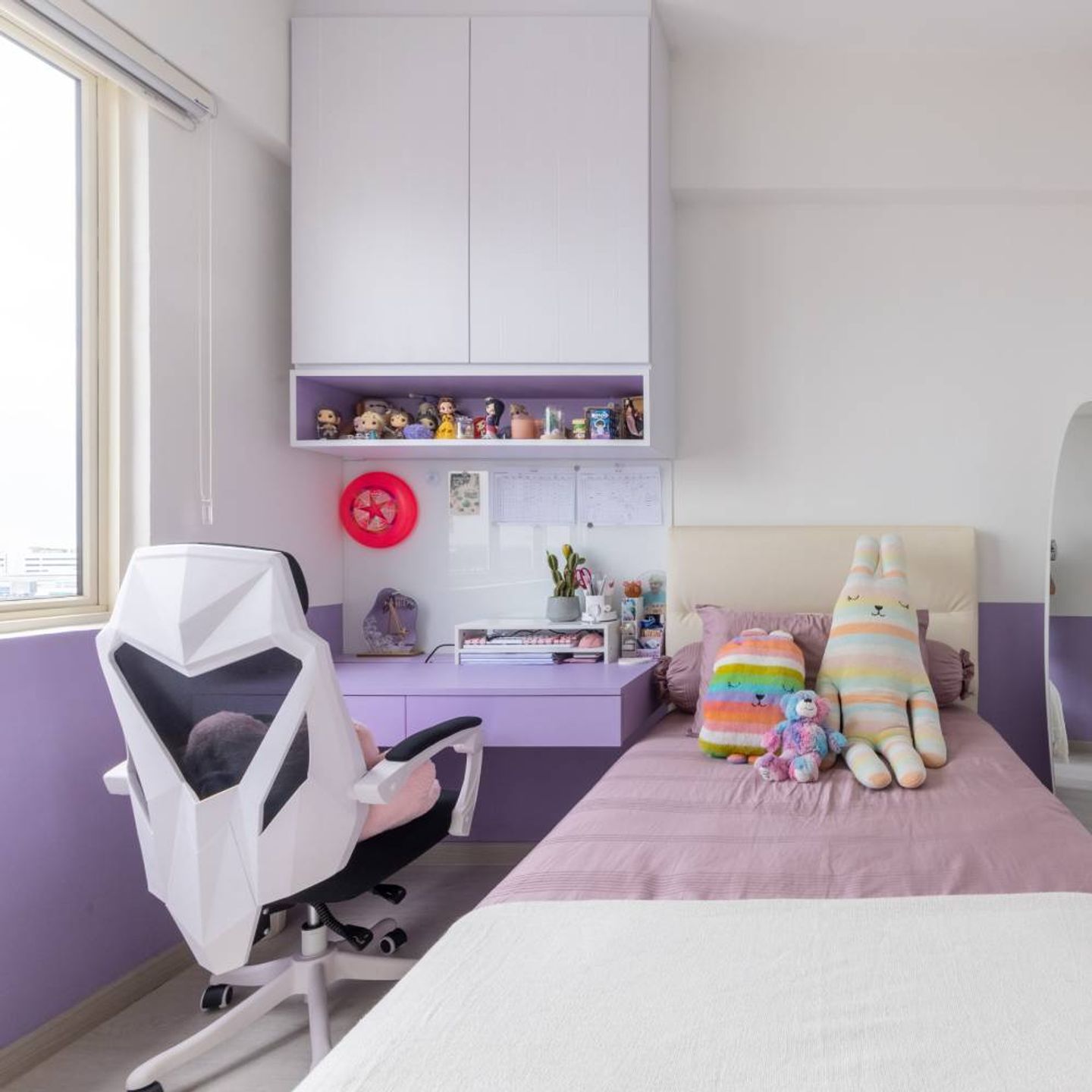 White And Lavender Home Office Design With WallMounted Storage Unit