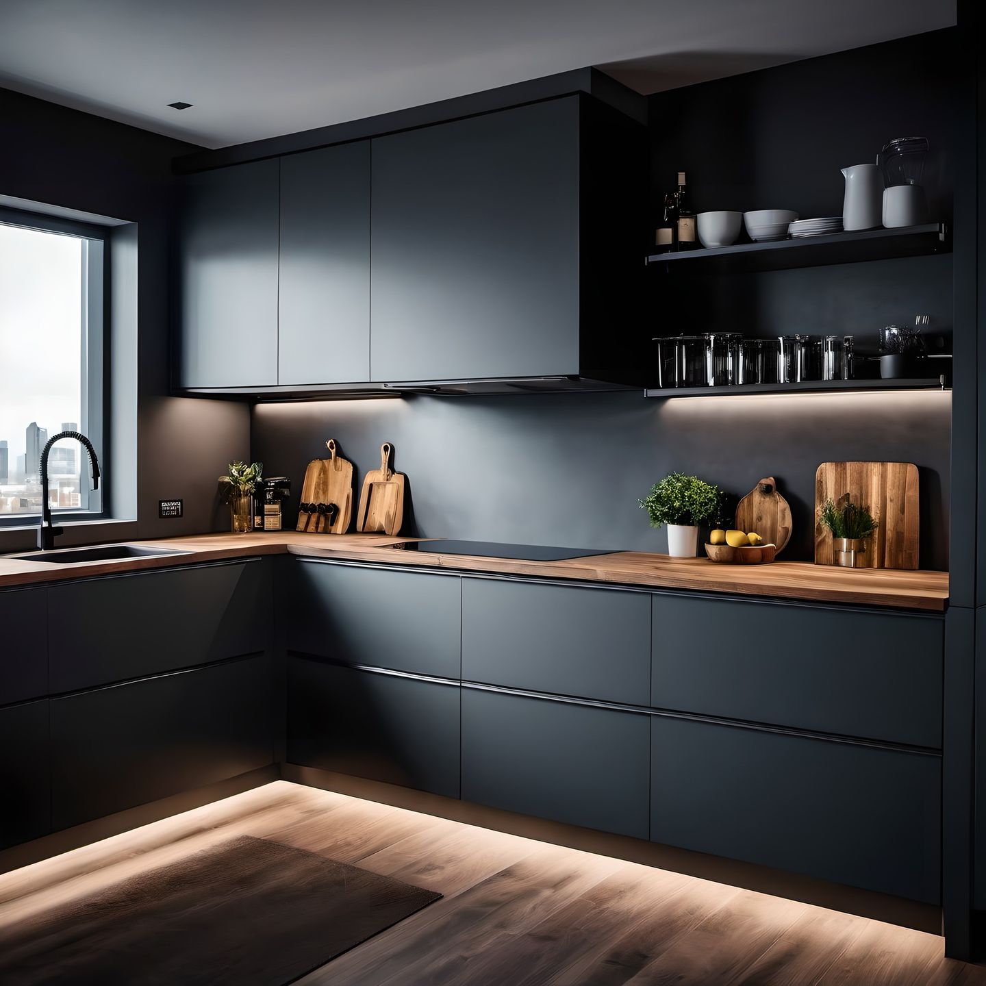 Industrial L-Shaped Kitchen: Black Suede Finish, Profile Lighting ...