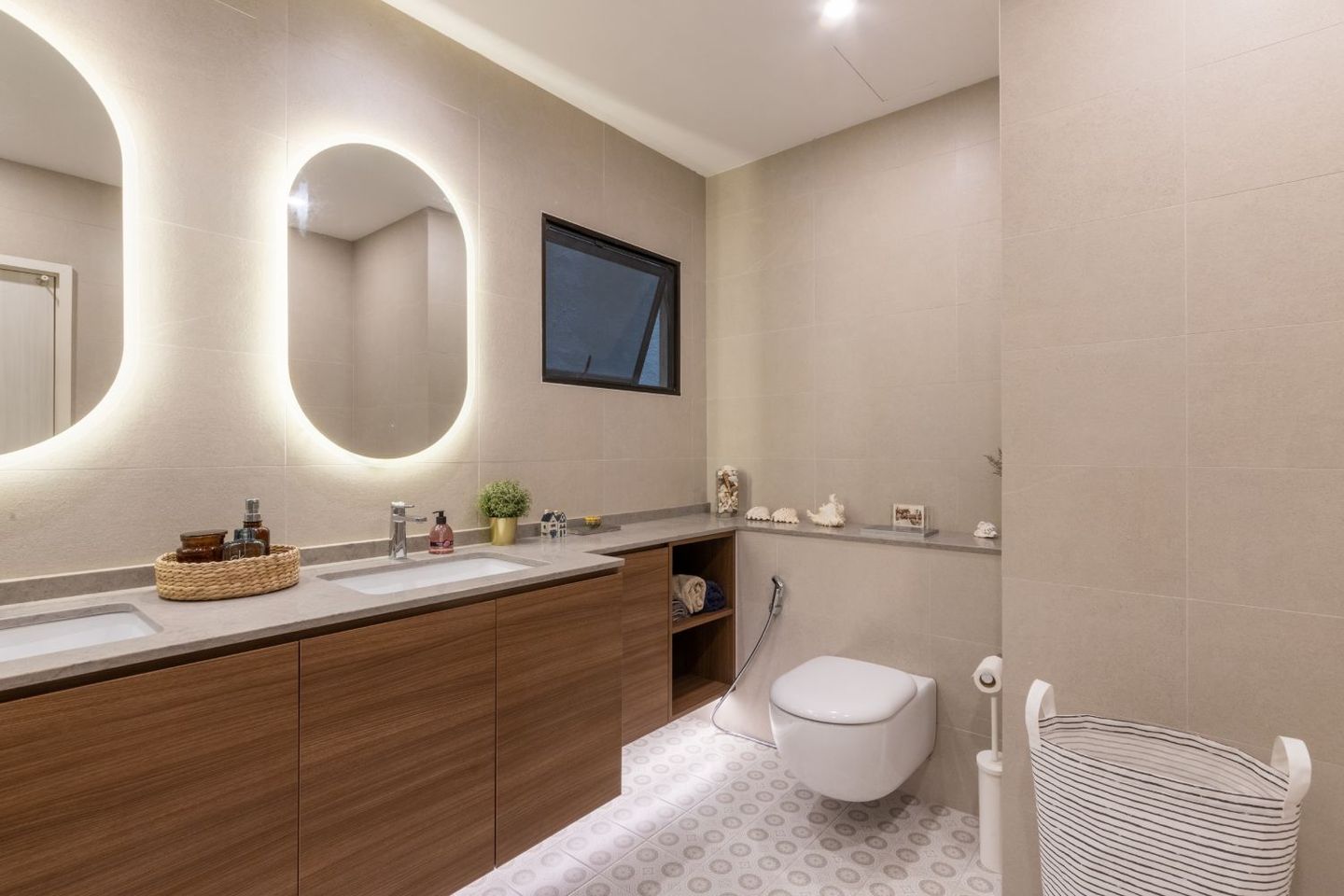 Beige And Wood Bathroom Design With Spacious Vanity Unit And Oval