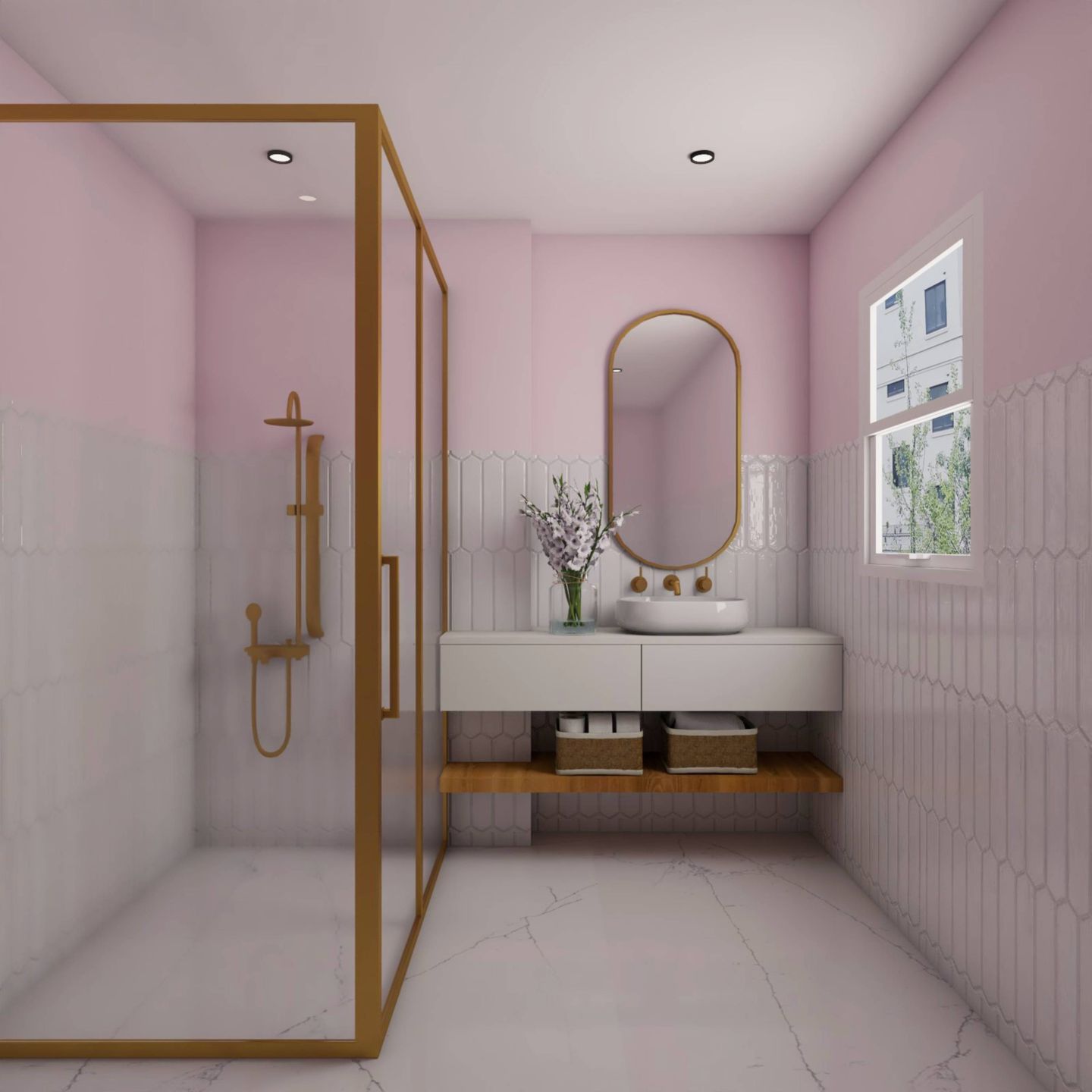 Discover Modern WhitePink Bathroom Design With Horizontally Stacked