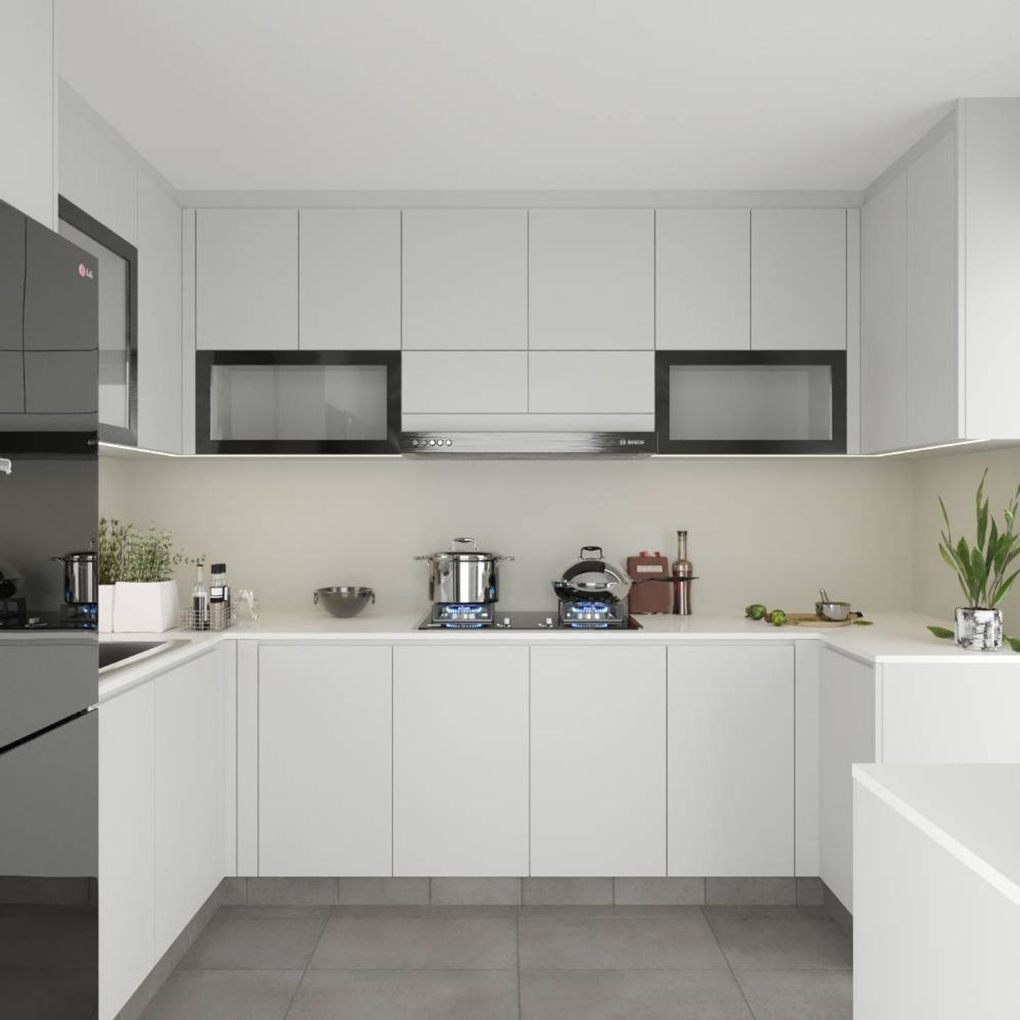 U-Shaped White Kitchen Cabinet Design With Solid Countertop - Livspace