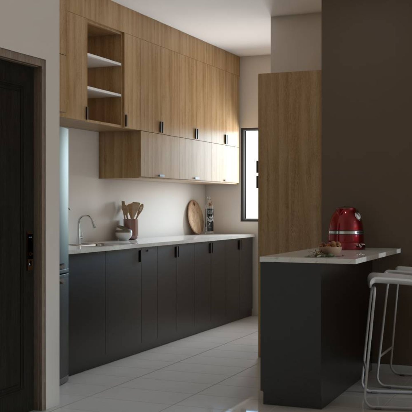 Wood And Black Modular Parallel Kitchen Design With Breakfast Table ...