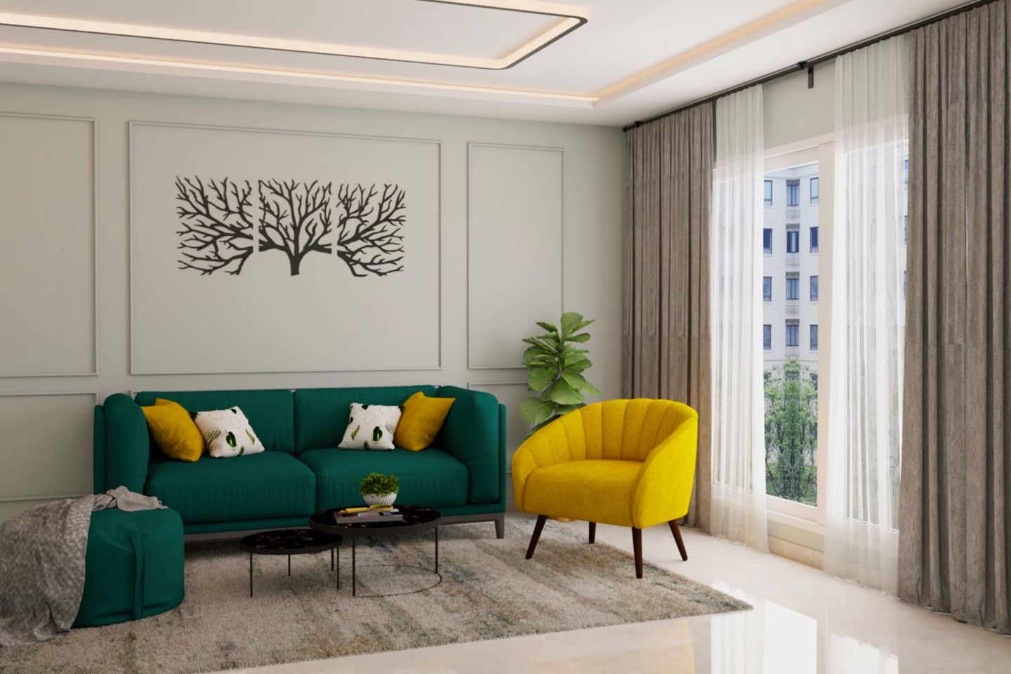 Spacious Living Room Design With Dark Green Sofa And Vibrant Yellow ...