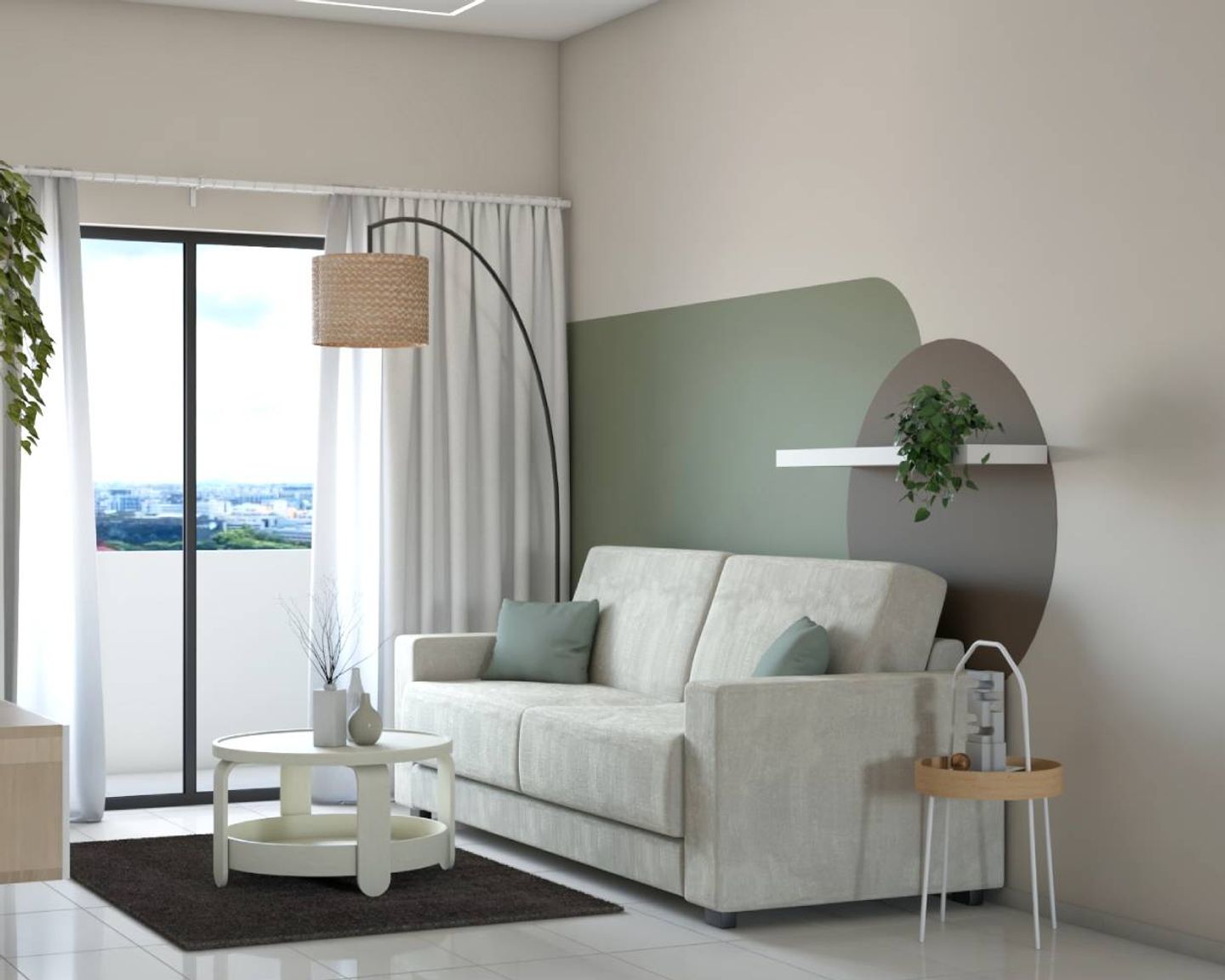 Spacious Living Room Design With Tri-Toned Wall, Off-White 2 Seater And Rattan Floor Lamp - Livspace