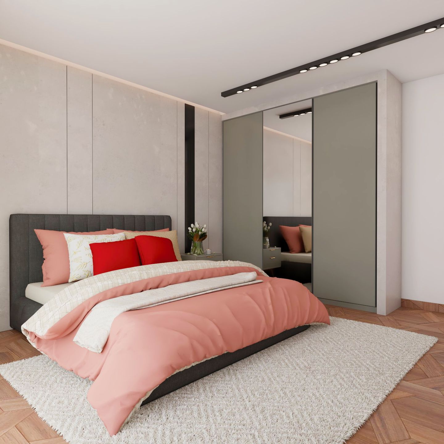 Spacious Contemporary Bedroom Design With Queen-Size Grey Bed With Peach Upholstery And 3-Door Sliding Mirrored Wardrobe - Livspace