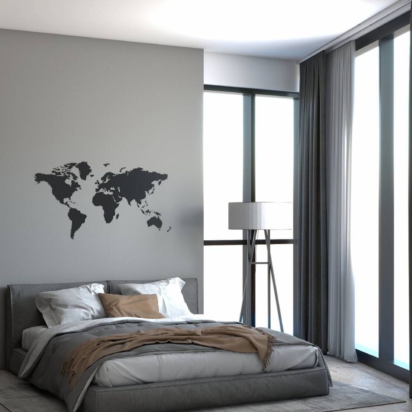 Grey Master Bedroom With Floor Bed, Grey Upholstery, Floor Lamp And World Map Wall Art - Livspace